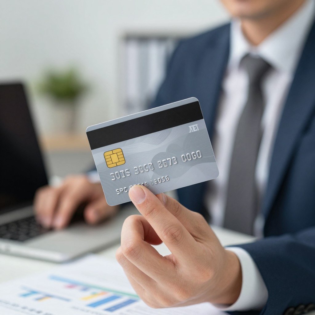 A close-up view of a business-oriented individual in professional attire, holding a modern credit card labeled "MEI" with a sleek design, against a blurred office background. The foreground features the card prominently, showcasing its unique elements, like a distinctive logo and chip, symbolizing access to credit without SPC/Serasa inquiries. The middle ground includes a subtle hint of a workspace with a laptop and business documents, conveying the entrepreneurial spirit. The background is softly lit, creating an inviting and focused atmosphere, capturing the essence of financial empowerment for microentrepreneurs. The angle is slightly tilted to emphasize the card, creating visual interest and depth while maintaining a professional aesthetic. The overall mood is optimistic and motivating, suited for highlighting the impact of credit scores on loan approval.