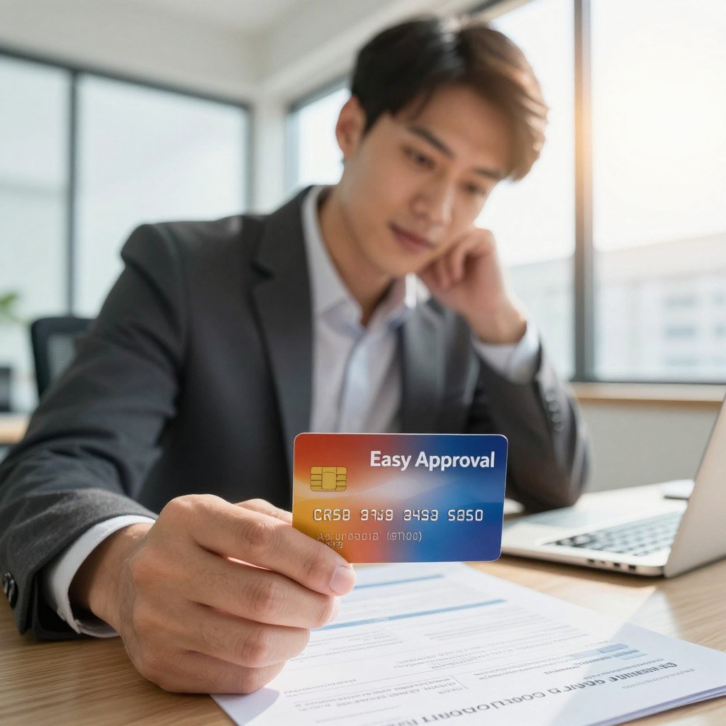 A close-up view of a business professional analyzing a credit card application form in an office environment. The foreground features a hand holding a sleek, modern credit card labeled "Easy Approval" with vibrant colors and a clean design. In the middle ground, a focused individual in professional business attire, appearing confident and thoughtful, reviews the application on a desk surrounded by financial documents and a laptop. The background showcases a bright office space with large windows letting in warm sunlight, creating a positive and hopeful atmosphere. The lighting highlights the individual's expression, emphasizing determination and clarity. The overall mood reflects ambition and security, suitable for discussing common errors that hinder credit card approvals.