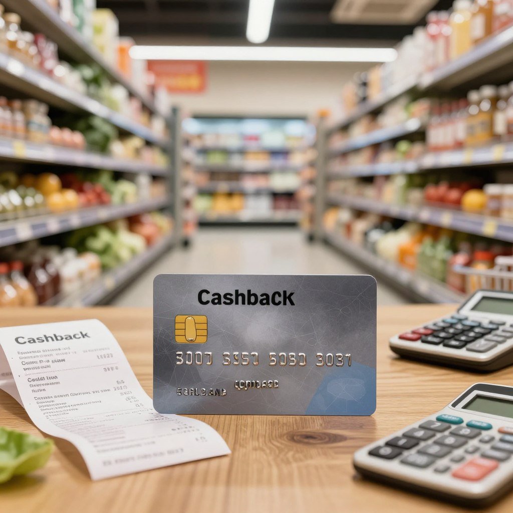 A close-up view of a cashback credit card prominently displayed on a wooden table, accented by grocery receipts and a small calculator. In the background, a modern supermarket aisle with well-stocked shelves of fresh produce and pantry items is softly blurred, creating a sense of depth. Warm, ambient lighting enhances the welcoming atmosphere of smart shopping. The cashback credit card features a sleek design with a hint of metallic sheen, symbolizing value and savings. Include subtle elements like a shopping basket and a discount sign partially visible in the background to emphasize the cashback concept. The composition conveys a sense of financial empowerment and strategic shopping, inviting the viewer to explore the benefits of cashback options.