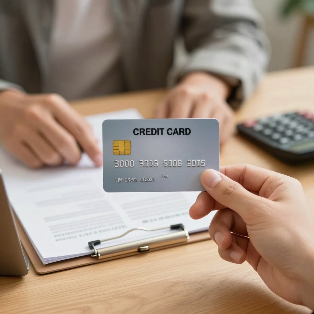 A close-up view of a credit card designed for individuals with low credit scores and limited income. The card features a simple, elegant design with muted colors like light blue and gray, emphasizing accessibility rather than luxury. In the foreground, gently blurred hands of a person in smart casual attire reach out to hold the card, symbolizing hope and opportunity. In the middle ground, a soft-focus background shows a modest desk with financial documents and a calculator, creating a relatable context. Warm, natural lighting casts a hopeful atmosphere, suggesting financial empowerment. The overall mood is encouraging and professional, capturing the essence of financial services for those in need.
