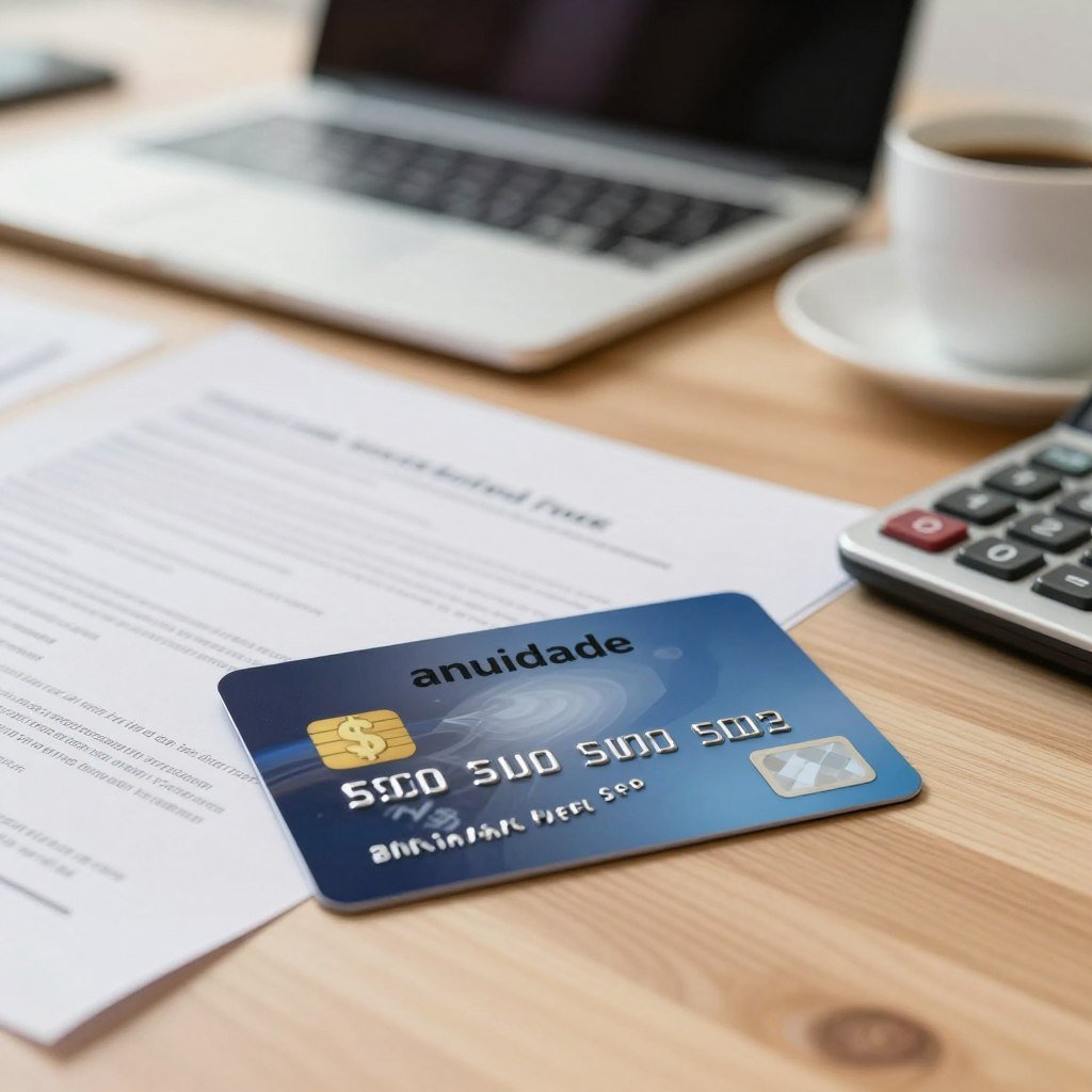 A close-up view of a credit card resting on a clean, wooden table, surrounded by financial documents and a calculator. The card prominently displays an annual fee symbol, such as a dollar sign or a calendar, to symbolize "anuidade". In the background, softly blurred, there is a modern office setting with a laptop and a cup of coffee, creating a professional atmosphere. The lighting is warm and inviting, highlighting the textures of the card and documents. This image conveys a sense of financial responsibility and the weight of making informed credit decisions. Aim for a sharp focus on the card in the foreground, using a shallow depth of field to emphasize its importance in the context of managing personal finance.