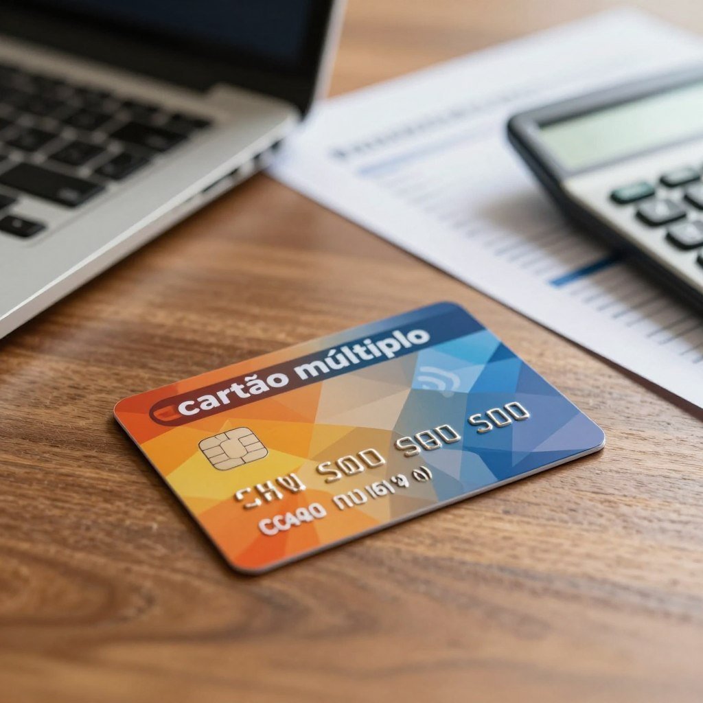 A close-up view of a modern "cartão múltiplo" (multiple card) resting on a sleek wooden desk. The card features a vibrant design with a chip and contactless payment symbol, emphasizing convenience and financial empowerment. In the background, a blurred laptop with financial documents and a calculator suggest an atmosphere of smart budgeting and credit management. Soft, warm lighting illuminates the scene, creating an inviting and professional look. The camera angle is slightly above the card, capturing its details while giving prominence to the financial tools in the background. Overall, the mood is one of sophistication and practicality, reflecting a focus on maintaining a good credit history in everyday life.