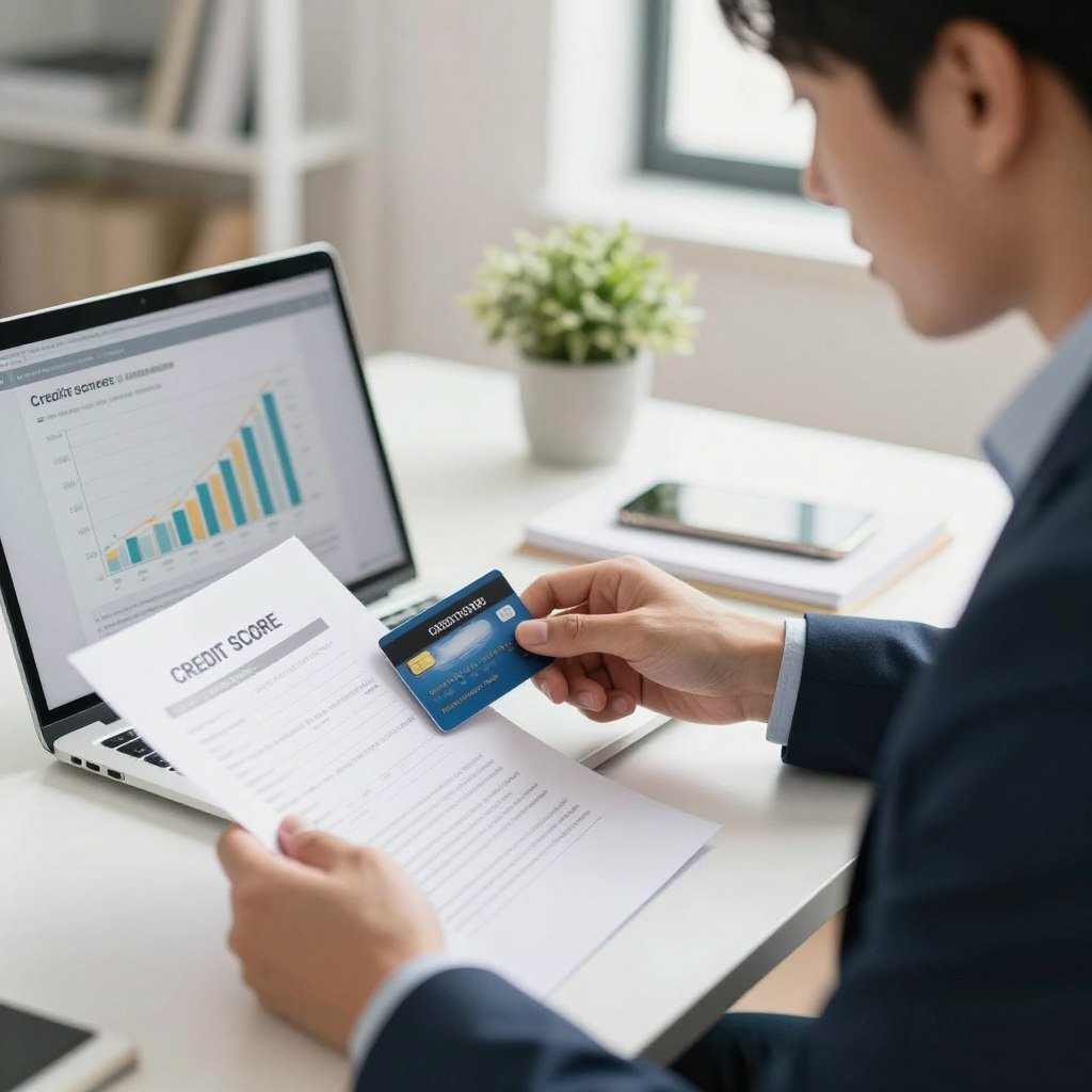 A close-up view of a professional-looking individual seated at a desk, surrounded by financial documents and a laptop displaying a credit score chart. The person, dressed in smart business attire, has a focused expression as they study various credit card options. In the background, a bright, modern office space filled with natural light adds to the atmosphere of optimism and financial empowerment. Soft focus on a plant and shelves with books about finance and credit scores create a sense of a productive environment. The lighting is warm and inviting, enhancing motivation, while a slight angle from above captures the action of reviewing documents, conveying a sense of purpose and determination.