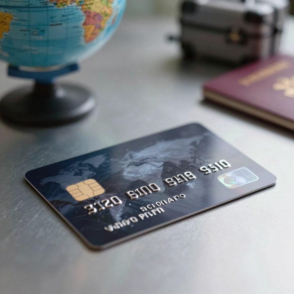 A close-up view of a secure credit card laying on a sleek metallic surface, glimmering under soft, diffused ambient lighting. The card features advanced security symbols like a chip and a hologram, emphasizing its state-of-the-art protection. In the background, gently blurred travel-related items such as a globe, suitcase, and passport suggest the theme of travel. The atmosphere is professional and reassuring, conveying a sense of safety and security for travelers. The angle is slightly tilted to provide a dynamic perspective, highlighting the details of the card while maintaining a clean and elegant composition, ideal for an informative context.