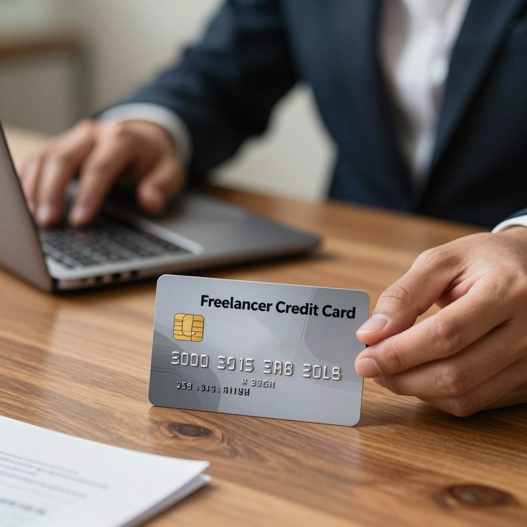 A close-up view of a sleek credit card labeled "Freelancer Credit Card" shining against a business-themed backdrop. The foreground features the card prominently displayed on a polished wooden desk, embellished with modern, minimalist design elements. In the middle ground, a pair of hands in professional business attire, gently holding the card as if presenting it, showcases the focus on freelancers. The background shows a blurred laptop and financial documents, hinting at a workspace atmosphere. Soft, natural lighting creates a warm and inviting feel, with a shallow depth of field emphasizing the card. The overall mood is professional and empowering, reflecting the benefits of credit cards for freelancers. A close-up view of a sleek credit card labeled "Freelancer Credit Card" shining against a business-themed backdrop. The foreground features the card prominently displayed on a polished wooden desk, embellished with modern, minimalist design elements. In the middle ground, a pair of hands in professional business attire, gently holding the card as if presenting it, showcases the focus on freelancers. The background shows a blurred laptop and financial documents, hinting at a workspace atmosphere. Soft, natural lighting creates a warm and inviting feel, with a shallow depth of field emphasizing the card. The overall mood is professional and empowering, reflecting the benefits of credit cards for freelancers.