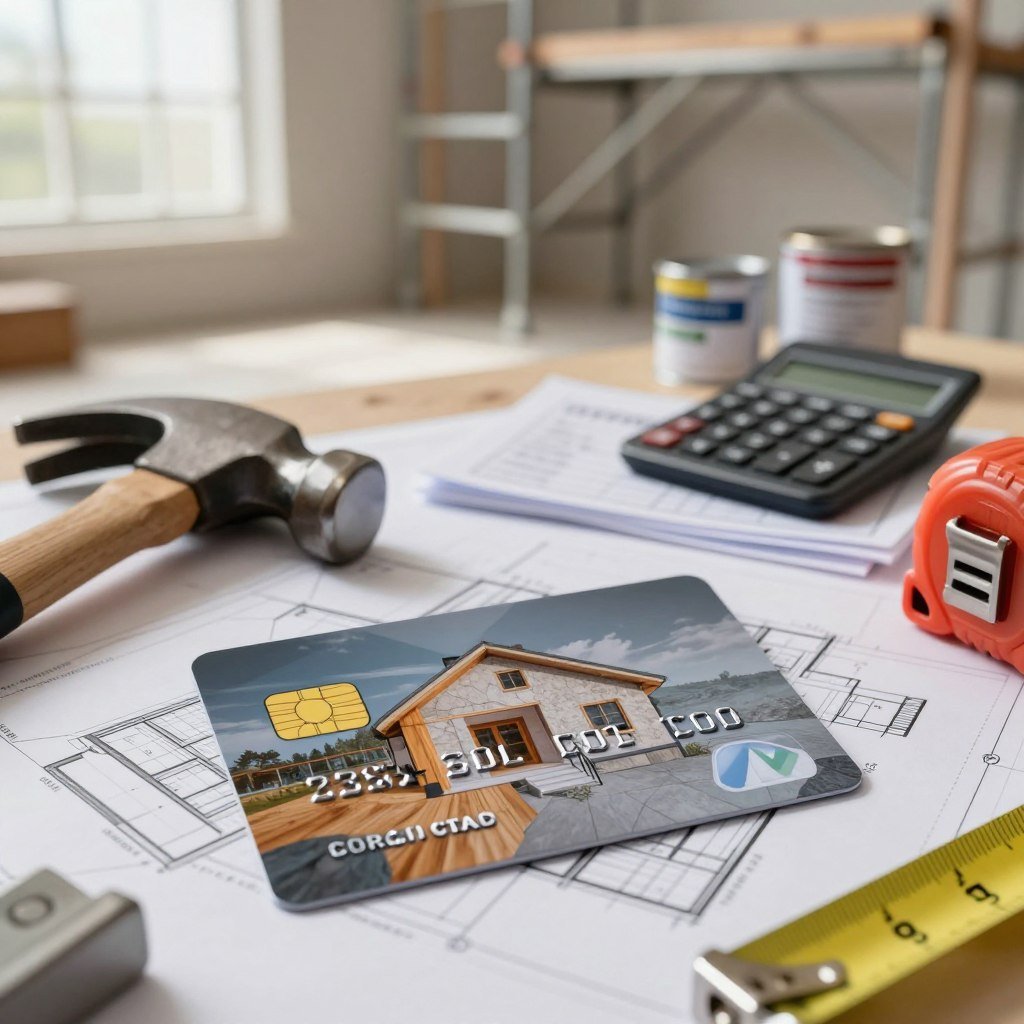 A close-up view of a sleek credit card tailored for home renovation, prominently featuring a modern design with textures reminiscent of construction materials like wood and stone. The foreground shows the card resting on a blueprint of a house, with construction tools like a hammer and a measuring tape artfully placed around it. In the middle, a small stack of renovation invoices and a calculator hint at budgeting. The background includes a slightly blurred, well-lit home renovation setting with scaffolding and paint cans, creating a sense of progress and potential. Soft, natural lighting filters through a window, casting gentle shadows, evoking a mood of optimism and ambition in home improvement.