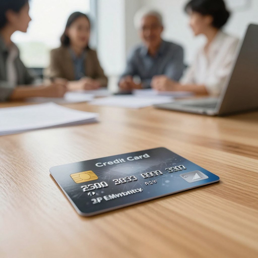 A close-up view of a sleek, modern credit card lying on a clean, polished wooden table, symbolizing hassle-free access to financial services. In the background, a soft-focus image of a diverse group of professionals discussing in a bright, inviting office environment, suggesting collaboration and ease of obtaining financial products. The lighting is warm and natural, enhancing a positive and approachable atmosphere. Use a shallow depth of field to keep the focus on the card while adding subtle hints of paperwork and a laptop to imply efficiency. Capture the mood of empowerment and simplicity in financial transactions, emphasizing a straightforward and accessible approach to credit.