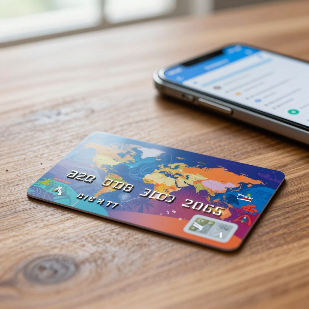 A close-up view of a sleek, modern international prepaid credit card lying on a polished wooden desk. The card is designed with vibrant, eye-catching colors and intricate patterns symbolizing global travel, such as world maps or landmarks. In the background, a stylish smartphone displays a currency conversion app, hinting at travel planning. Soft, natural light filters in from a nearby window, creating a warm atmosphere, while a subtle depth of field blurs the background slightly, keeping focus on the card. This composition evokes a sense of financial empowerment and adventure, perfect for the theme of international prepaid credit solutions. A close-up view of a sleek, modern international prepaid credit card lying on a polished wooden desk. The card is designed with vibrant, eye-catching colors and intricate patterns symbolizing global travel, such as world maps or landmarks. In the background, a stylish smartphone displays a currency conversion app, hinting at travel planning. Soft, natural light filters in from a nearby window, creating a warm atmosphere, while a subtle depth of field blurs the background slightly, keeping focus on the card. This composition evokes a sense of financial empowerment and adventure, perfect for the theme of international prepaid credit solutions.