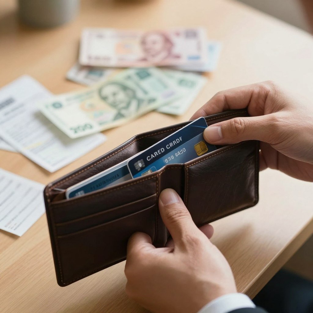 A close-up view of a wallet being closed, revealing a few credit cards partially visible. The focus is on a pair of hands, dressed in professional business attire, delicately holding the wallet, emphasizing careful decision-making. In the background, softly blurred, depict various unwanted bills and receipts to suggest financial clutter. Use warm, natural lighting to create an inviting and thoughtful atmosphere. The scene captures a mood of contemplation and resolution, as if preparing to take control of one's finances. Ensure the composition is well-balanced, with a shallow depth of field to draw attention to the wallet and hands while maintaining an elegant, minimalist aesthetic.