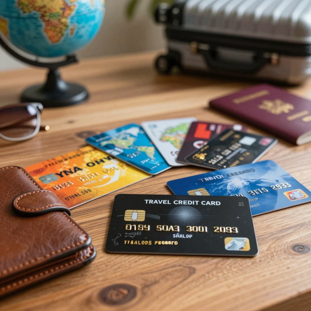 A collection of high-end travel credit cards arranged elegantly on a wooden table, showcasing their distinct designs and features. In the foreground, focus on a sleek black travel credit card with embossed gold text, alongside a luxurious leather wallet partially opened. In the middle, display several colorful cards with vivid branding, symbolizing their global acceptance. The background features blurred travel-related items like a globe, passport, and a stylish suitcase, creating an inviting atmosphere for travelers. Soft, warm lighting enhances the sophistication of the scene, capturing attention without overpowering the subject. The composition should evoke a sense of adventure and financial savvy, appealing to aspiring international travelers.