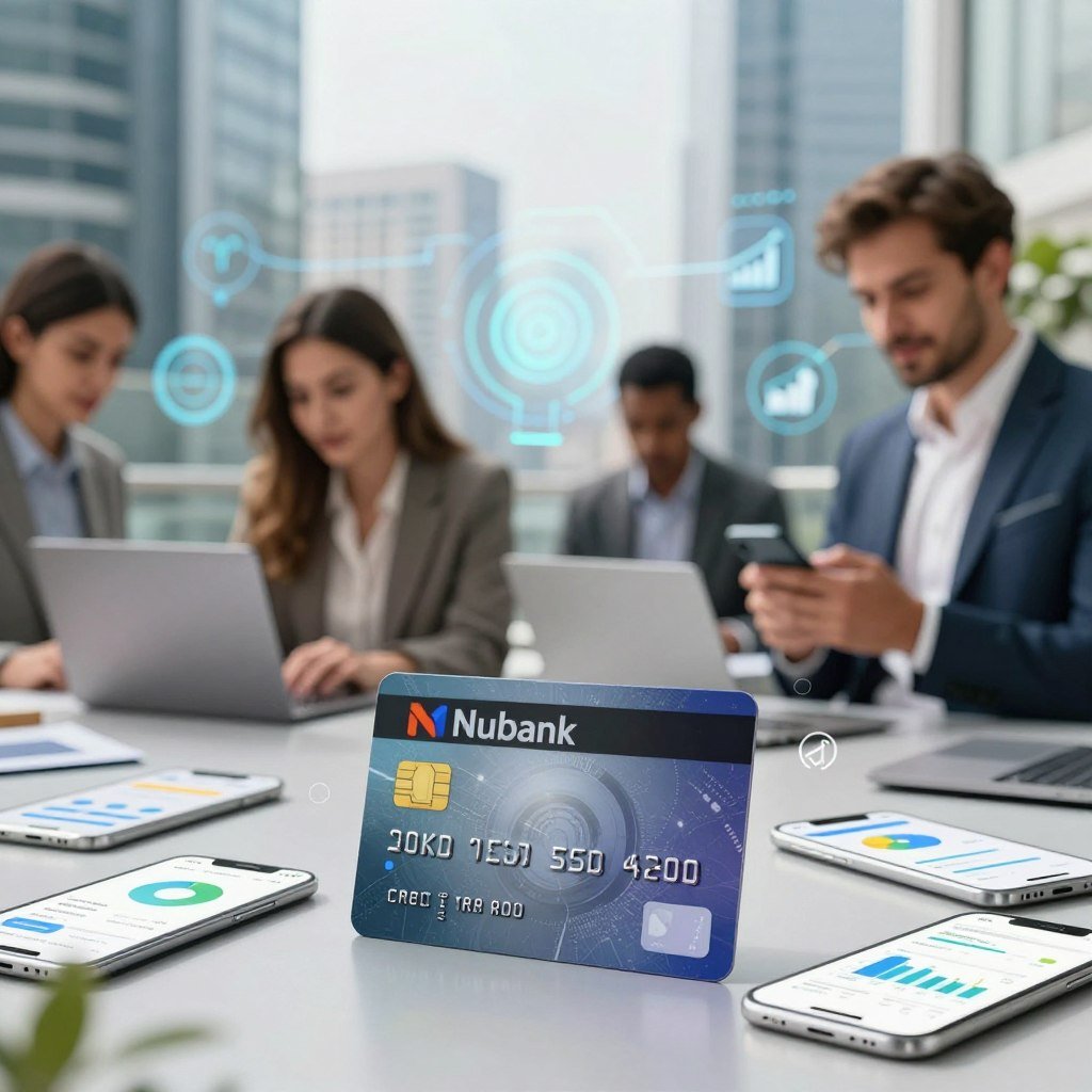 A dynamic and vibrant eco-system representing Nubank, prominently featuring a modern credit card in the foreground surrounded by digital elements like mobile banking apps, charts, and financial growth icons. In the middle ground, depict diverse individuals in professional business attire engaging with technology: a woman analyzing her finances on a laptop and a man using a smartphone to manage investments. The background should showcase a sleek urban environment, with abstract digital graphics illustrating connectivity and innovation. Use soft, natural lighting to create an inviting atmosphere, employing a shallow depth of field to emphasize the subjects in the foreground while slightly blurring the skyline. The overall mood should be optimistic and forward-thinking, symbolizing the forward momentum of the Nubank ecosystem. A dynamic and vibrant eco-system representing Nubank, prominently featuring a modern credit card in the foreground surrounded by digital elements like mobile banking apps, charts, and financial growth icons. In the middle ground, depict diverse individuals in professional business attire engaging with technology: a woman analyzing her finances on a laptop and a man using a smartphone to manage investments. The background should showcase a sleek urban environment, with abstract digital graphics illustrating connectivity and innovation. Use soft, natural lighting to create an inviting atmosphere, employing a shallow depth of field to emphasize the subjects in the foreground while slightly blurring the skyline. The overall mood should be optimistic and forward-thinking, symbolizing the forward momentum of the Nubank ecosystem.