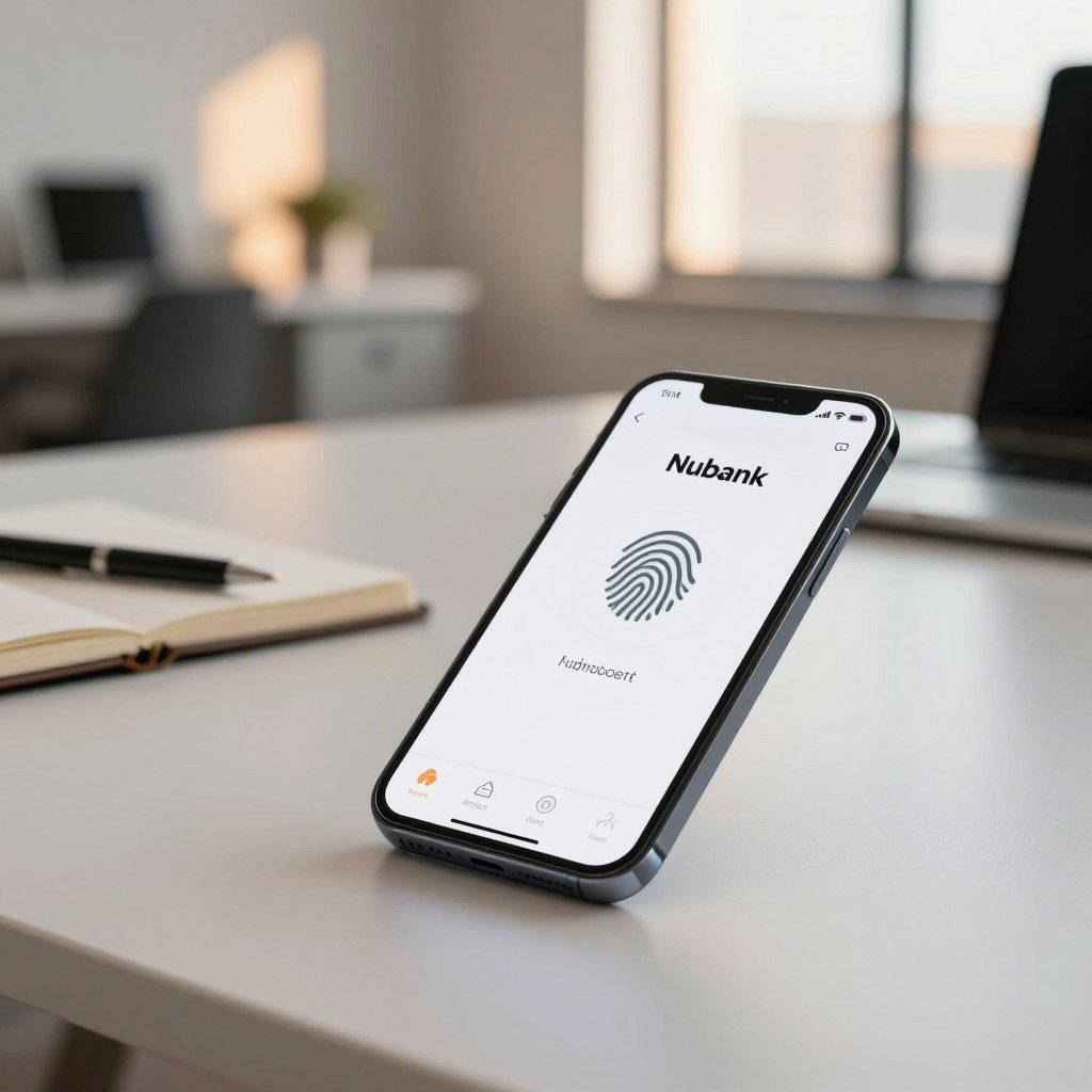 A focused and professional image depicting a Nubank card being unlocked on a smartphone screen. In the foreground, show the smartphone with a sleek, modern design, displaying the Nubank interface with an emphasis on the unlocking feature, featuring a fingerprint icon. The middle layer includes a clean desk with minimalistic elements like a notebook and a pen, conveying an organized environment. In the background, softly blurred, a well-lit modern office space can be seen with warm, natural light filtering in through a window. The atmosphere is calm and professional, enhancing the theme of seeking assistance with card unlocking issues. Use a shallow depth of field to draw attention to the smartphone while maintaining a soft focus on the office environment.