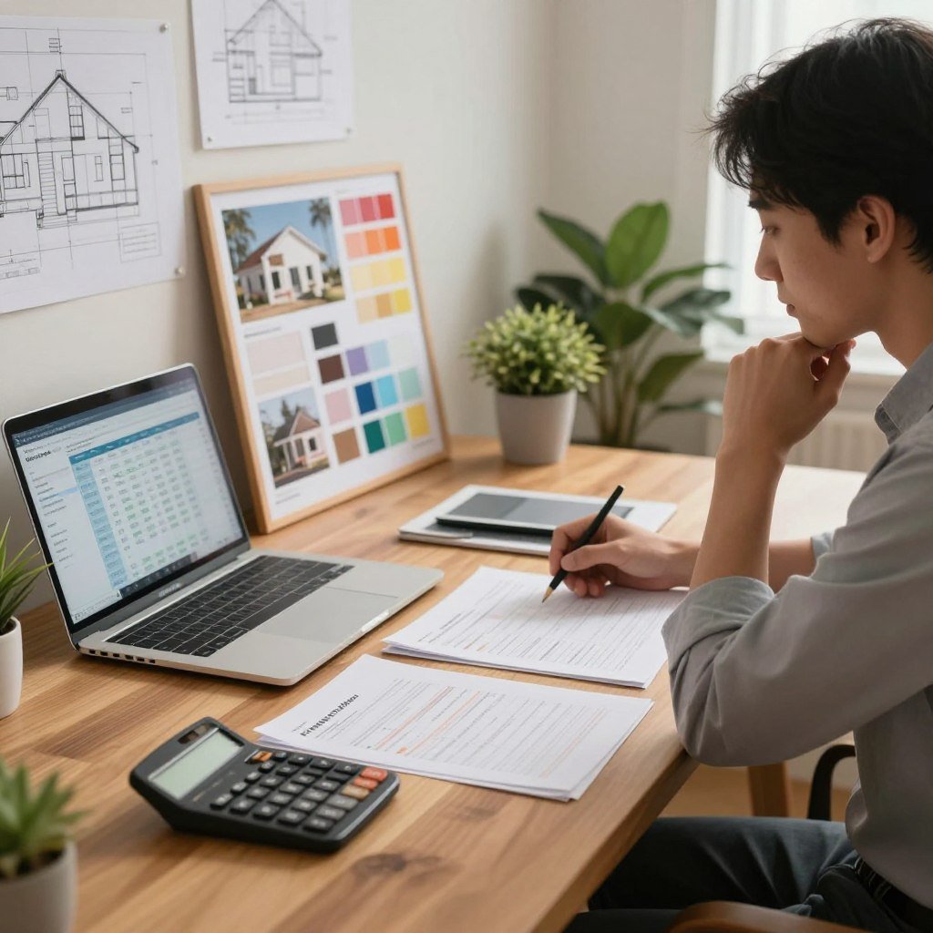 A focused image showing a well-organized workspace dedicated to financial planning for home renovations. In the foreground, a sleek wooden desk is cluttered with budgeting spreadsheets, a calculator, and a laptop displaying a budget app. A professional in business attire, looking thoughtfully at the documents, is engaged in planning. In the middle ground, a vision board with color swatches and design ideas for home renovations is visible. The background features a softly lit room with architectural plans on the wall and potted plants, creating a calm and productive atmosphere. The lighting is warm and inviting, casting gentle shadows that enhance focus on the workflow. The overall mood is organized and aspirational, reflecting the essence of effective financial management.