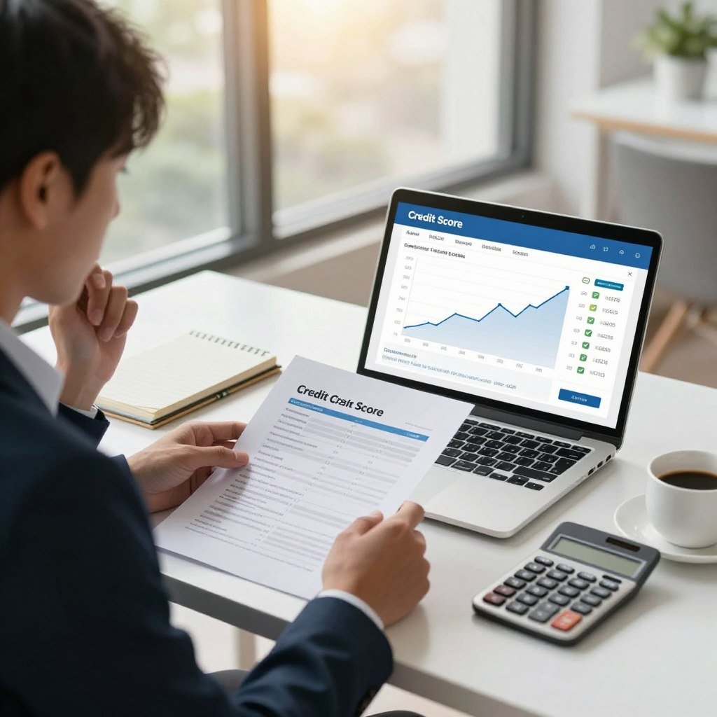 A focused scene depicting a person sitting at a modern desk, reviewing financial documents and a laptop displaying a credit score chart. The individual, dressed in professional business attire, appears engaged and thoughtful, surrounded by essential office items like a notepad, a calculator, and a cup of coffee. In the background, a large window lets in soft, natural light, creating a warm, productive atmosphere. The focus is on the credit score displayed on the laptop screen, highlighting a positive trend, with checkmarks symbolizing timely payments. Subtle greenery is visible outside the window, enhancing the feeling of stability and growth, while the overall composition conveys responsibility and clarity in managing credit finances.