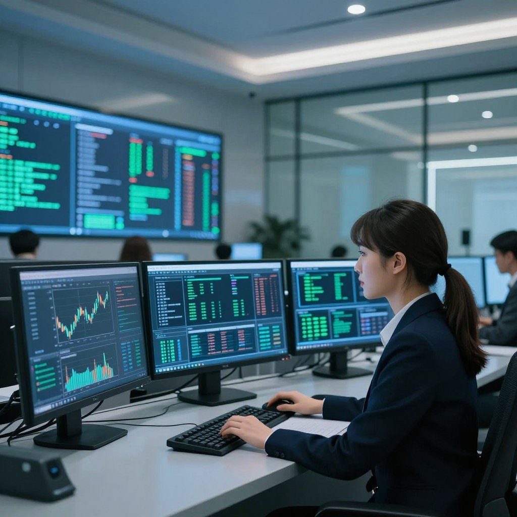 A futuristic bank security control room focusing on cybersecurity, featuring advanced artificial intelligence technology. In the foreground, a professional female cybersecurity analyst in business attire is monitoring multiple screens displaying graphs and data analyses on financial crime. The middle ground reveals high-tech security systems with digital interfaces and matrices, illustrating patterns of cyber threats. In the background, a sleek modern bank environment with glass walls, reflecting a harmonious blend of technology and finance. Soft blue and green lighting creates a calm yet vigilant atmosphere, with a slight depth of field effect to emphasize the analyst's concentration. The overall mood conveys professionalism and the sophisticated approach financial institutions take to combat cybercrime.