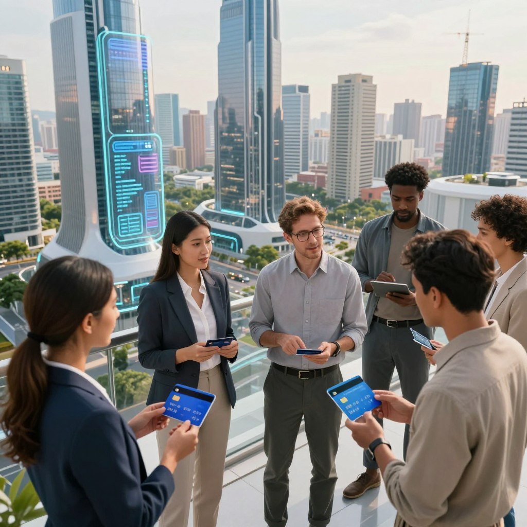 A futuristic cityscape depicting a diverse group of people, including a woman in professional attire and a man in modest casual clothing, engaging in discussions about financial inclusion. In the foreground, they interact with modern digital devices, symbolizing credit card applications without the need for traditional bank accounts. The middle ground features sleek, innovative buildings with transparent screens displaying financial information and support. The background shows a vibrant skyline with greenery, representing a hopeful future. Soft, natural lighting enhances the scene, with warm tones suggesting optimism. The angle is slightly elevated, capturing the essence of collaboration and progress in financial accessibility. The atmosphere conveys a sense of community and innovation in finance.