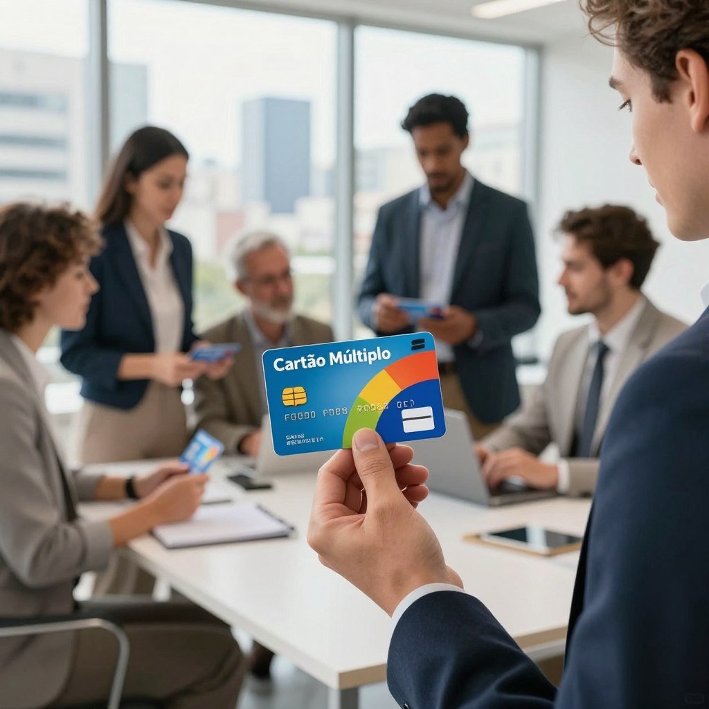 A high-quality, professional image showcasing a "Cartão Múltiplo" prominently in the foreground, held by an individual dressed in smart business attire. The cartão features an elegant design with vibrant colors, highlighting various payment options and benefits symbolically represented. In the middle ground, a diverse group of people, also in business attire, engage in a lively discussion, reviewing various cartões in a bright, modern office setting. The background includes a light, blurred view of a contemporary city skyline through large windows, casting natural light that creates a warm, inviting atmosphere. The overall mood is professional and optimistic, emphasizing the advantages of choosing the right cartão múltiplo. Use a shallow depth of field to bring focus to the cartão while gently blurring the background.