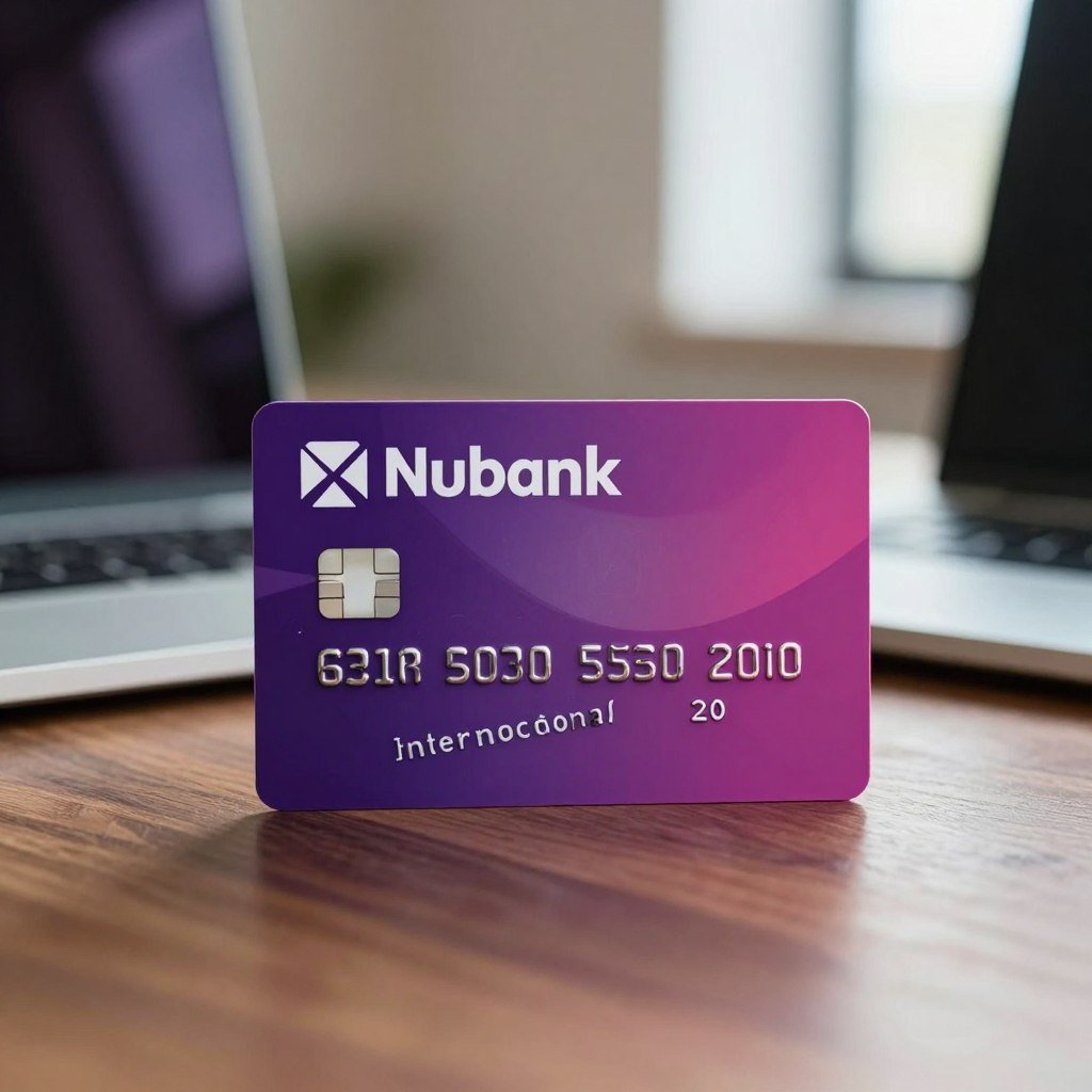 A highly detailed image of a Nubank international credit card prominently displayed in the foreground. The card features a sleek, modern design with shades of purple and pink, showcasing its logo and distinctive holographic elements. In the middle ground, an elegant workspace is visible, including a laptop and a stylish pen, suggesting a professional environment. Soft, natural lighting filters in from a nearby window, creating a warm and inviting atmosphere. The background is subtly blurred, focusing on the credit card while hinting at an office setting. The overall mood is sophisticated and aspirational, conveying the advantages and appeal of the Nubank international credit card without any text, overlays, or watermarks. A highly detailed image of a Nubank international credit card prominently displayed in the foreground. The card features a sleek, modern design with shades of purple and pink, showcasing its logo and distinctive holographic elements. In the middle ground, an elegant workspace is visible, including a laptop and a stylish pen, suggesting a professional environment. Soft, natural lighting filters in from a nearby window, creating a warm and inviting atmosphere. The background is subtly blurred, focusing on the credit card while hinting at an office setting. The overall mood is sophisticated and aspirational, conveying the advantages and appeal of the Nubank international credit card without any text, overlays, or watermarks.