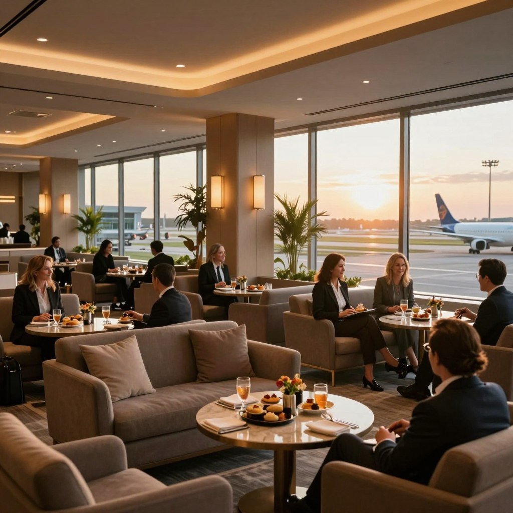 A luxurious airport lounge featuring stylish and comfortable seating arrangements in the foreground. The middle ground showcases elegant decor with ambient lighting, including soft, warm lights and decorative plants. Passengers in professional business attire relax while enjoying complimentary gourmet snacks and beverages. The background includes large windows with a panoramic view of airport runways and planes, bathed in golden hour sunlight. The atmosphere is serene and upscale, evoking exclusivity and relaxation for travelers seeking comfort before their flights. The overall mood is sophisticated and inviting, perfect for illustrating premium access and exclusive airport experiences. The image has a clear focus, with a wide-angle perspective to capture the lounge's inviting ambiance.