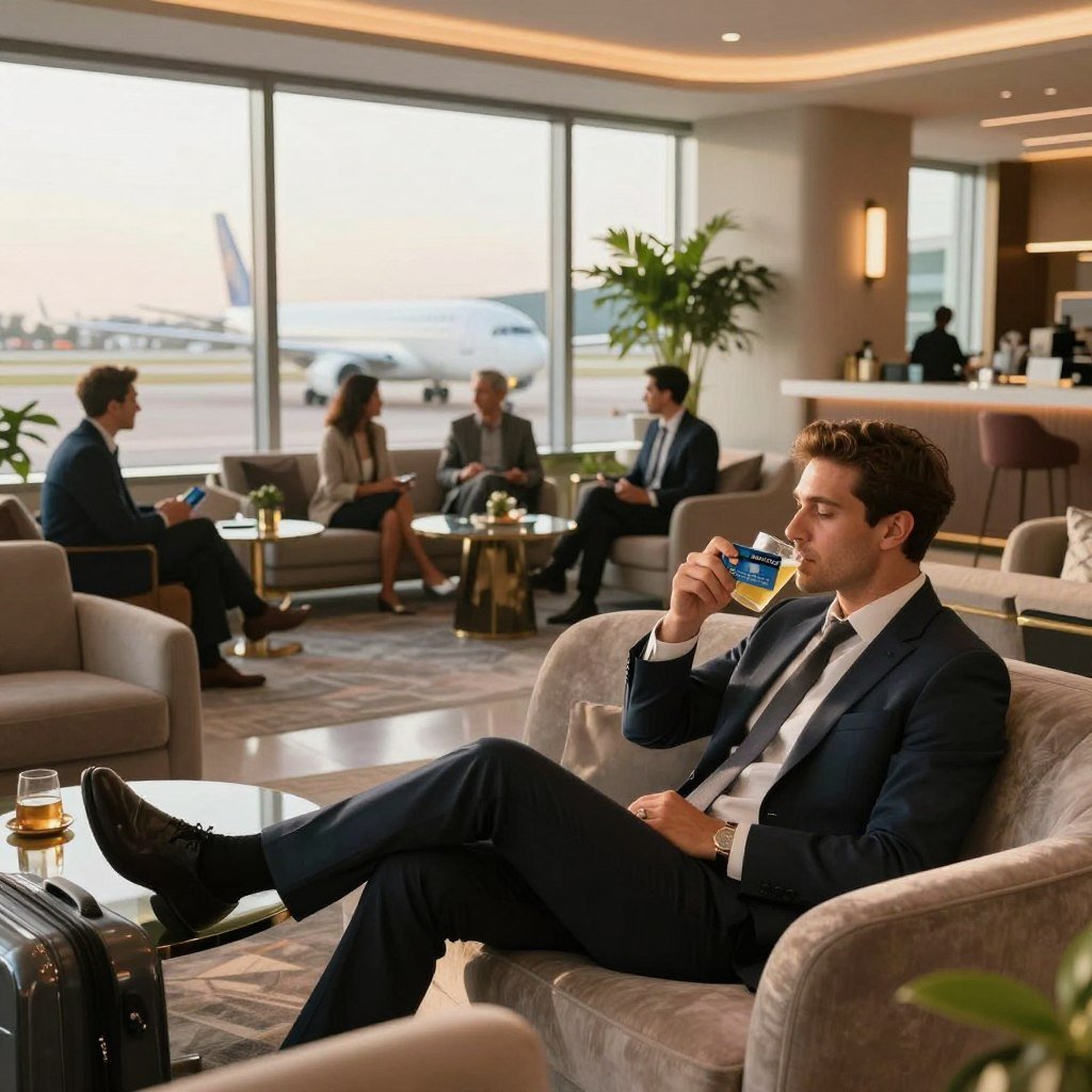 A luxurious airport lounge scene showcasing the advantages of credit cards for travel. In the foreground, a well-dressed business traveler, wearing smart attire, is seen relaxing on a plush sofa, enjoying a complimentary beverage. In the middle ground, other travelers engage in conversations while surrounded by elegant furnishings, such as contemporary decor, ambient lighting, and green plants. Large windows in the background reveal an airplane on the runway, bathed in warm sunlight, creating a serene atmosphere. The scene captures a sense of exclusivity and comfort, highlighting the benefits of access to VIP spaces. The overall mood is sophisticated and inviting, emphasizing the seamless travel experience granted by premium credit cards.