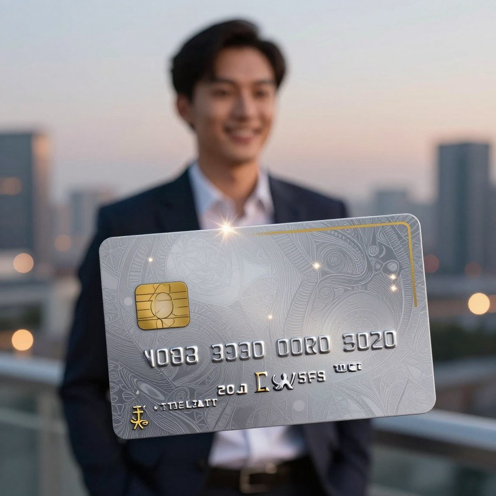 A luxurious credit card prominently displayed in the foreground, highlighted with soft, glimmering lights to emphasize its premium design. The card features a sleek metallic finish with intricate patterns and embossed details, reflecting exclusivity and elegance. In the middle ground, a confident individual in professional business attire, holding the card and smiling, exudes a sense of security and satisfaction. The background showcases a faint city skyline illuminated at dusk, symbolizing financial stability and opportunity. Gentle bokeh effects create a warm, inviting atmosphere, while the overall mood communicates trust, benefits, and the advantages of high-category credit cards. The lighting is soft and ambient, enhancing the luxurious feel without harsh contrasts.