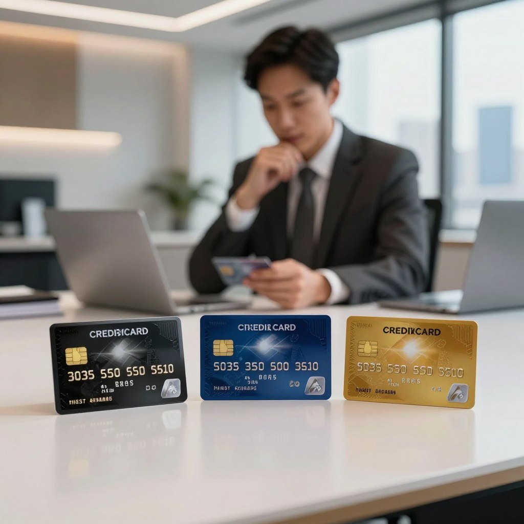 A modern and sleek comparison chart of credit cards with high-income benefits, prominently displayed on a clean, elegant table. In the foreground, three distinct credit cards made of premium materials, showcasing luxury designs, with subtle holographic elements reflecting the light. In the middle, a soft-focus view of a professional in business attire, thoughtfully examining the cards, symbolizing informed decision-making. The background features a sophisticated office environment with soft, ambient lighting, and a large window displaying a city skyline, suggesting success and affluence. The mood is professional and aspirational, inviting viewers to explore exclusive financial opportunities through these premium credit card options.