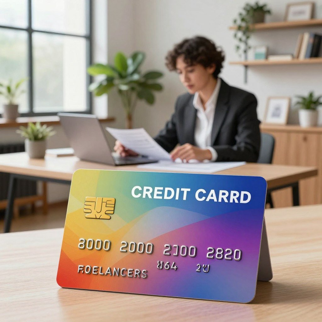 A modern credit card for freelancers prominently displayed in the foreground, featuring a sleek design and embossed numbers. The card should have vibrant colors, symbolizing creativity and financial freedom. In the middle ground, a professional-looking freelancer, dressed in smart business attire, is seated at a stylish desk, working on a laptop and reviewing financial documents. The background features an inviting home office space with plants, bookshelves, and soft lighting, creating a productive atmosphere. The scene is illuminated by natural light filtering through large windows, casting gentle shadows. The overall mood is one of empowerment and professionalism, reflecting the essential care freelancers should take with their financial tools. A modern credit card for freelancers prominently displayed in the foreground, featuring a sleek design and embossed numbers. The card should have vibrant colors, symbolizing creativity and financial freedom. In the middle ground, a professional-looking freelancer, dressed in smart business attire, is seated at a stylish desk, working on a laptop and reviewing financial documents. The background features an inviting home office space with plants, bookshelves, and soft lighting, creating a productive atmosphere. The scene is illuminated by natural light filtering through large windows, casting gentle shadows. The overall mood is one of empowerment and professionalism, reflecting the essential care freelancers should take with their financial tools.