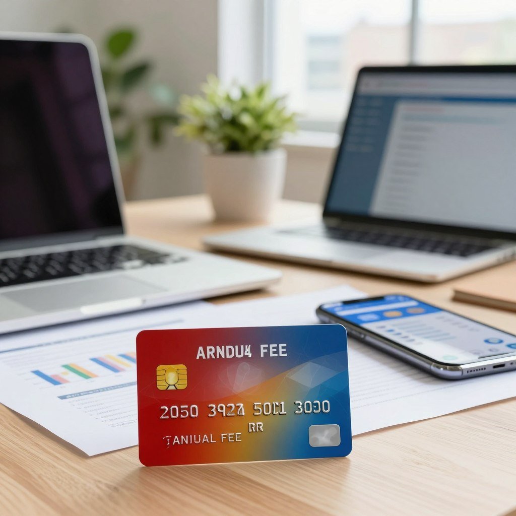 A modern credit card prominently displayed in the foreground, showcasing its sleek design and vibrant colors, symbolizing the concept of no annual fee. In the middle, a serene and well-organized workspace with a laptop, financial documents, and a smartphone displaying a banking app, representing ease of management and modern technology. The background features a soft, blurred urban landscape with green plants, indicating a fresh and innovative lifestyle. The lighting is bright and inviting, with warm tones that evoke a sense of security and professionalism. Capture the essence of digital finance and convenience, creating a polished and aspirational atmosphere.