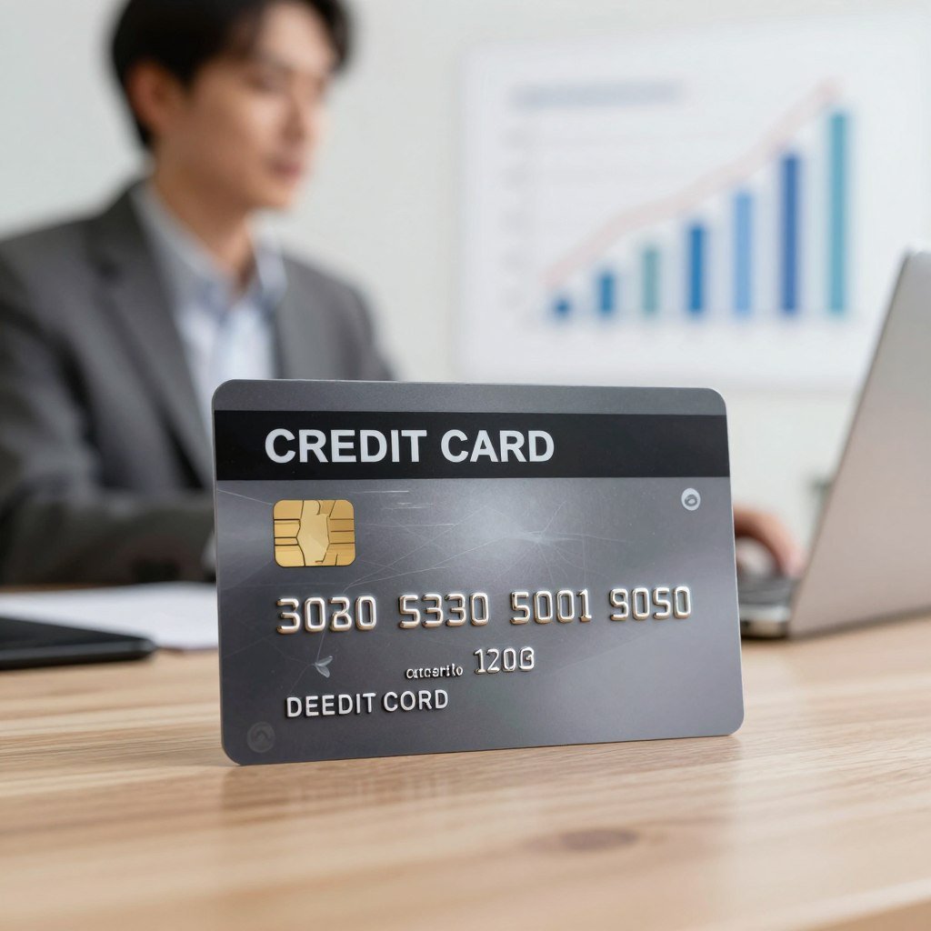 A modern credit card prominently featured in the foreground, showcasing its sleek design with a shiny surface. The card should have a unique visual element indicating it's "without restriction checks." In the middle ground, a blurred depiction of a professional office environment, with a desk and laptop, suggesting a financial advisory setting. The background should be softly focused, featuring abstract representations of financial charts and graphs, symbolizing credit options. Soft, diffused lighting creates a warm and inviting atmosphere, highlighting the card's features. The image captures a sense of accessibility and financial opportunity, reflecting a modern, professional mood ideal for readers exploring credit options.