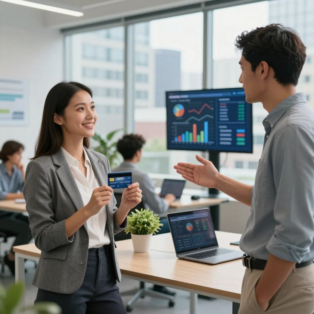 A modern digital bank office environment showcasing a diverse group of young professionals discussing credit cards without annual fees. In the foreground, a confident woman in professional attire holds a credit card, while a man gestures towards a digital display showing financial graphs and credit card features. In the middle ground, a sleek desk with a laptop and a plant adds an element of warmth. In the background, large windows reveal a bustling cityscape under bright daylight, symbolizing opportunity. Soft, natural lighting enhances the open, inviting atmosphere. The image should convey a sense of empowerment and innovation in financial choices, emphasizing the role of digital banks in making credit accessible to everyone.