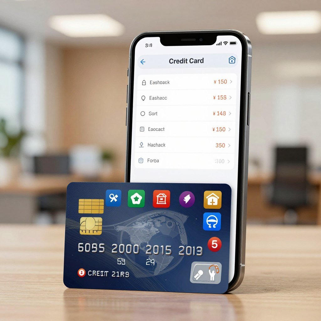 A modern digital credit card prominently displayed in the foreground, showcasing an array of colorful cashback and points icons around it, symbolizing rewards and benefits. In the middle, a stylish smartphone screen shows a financial app interface with transaction data and points accumulation. The background features a blurred office environment with soft, warm lighting, suggesting a professional atmosphere. The overall mood should convey excitement and practicality, emphasizing the advantages of digital credit cards. Use a slight tilt-angle for the card and phone to create a dynamic perspective. Ensure the image is bright and inviting, reflecting a sense of financial empowerment and modern banking convenience.