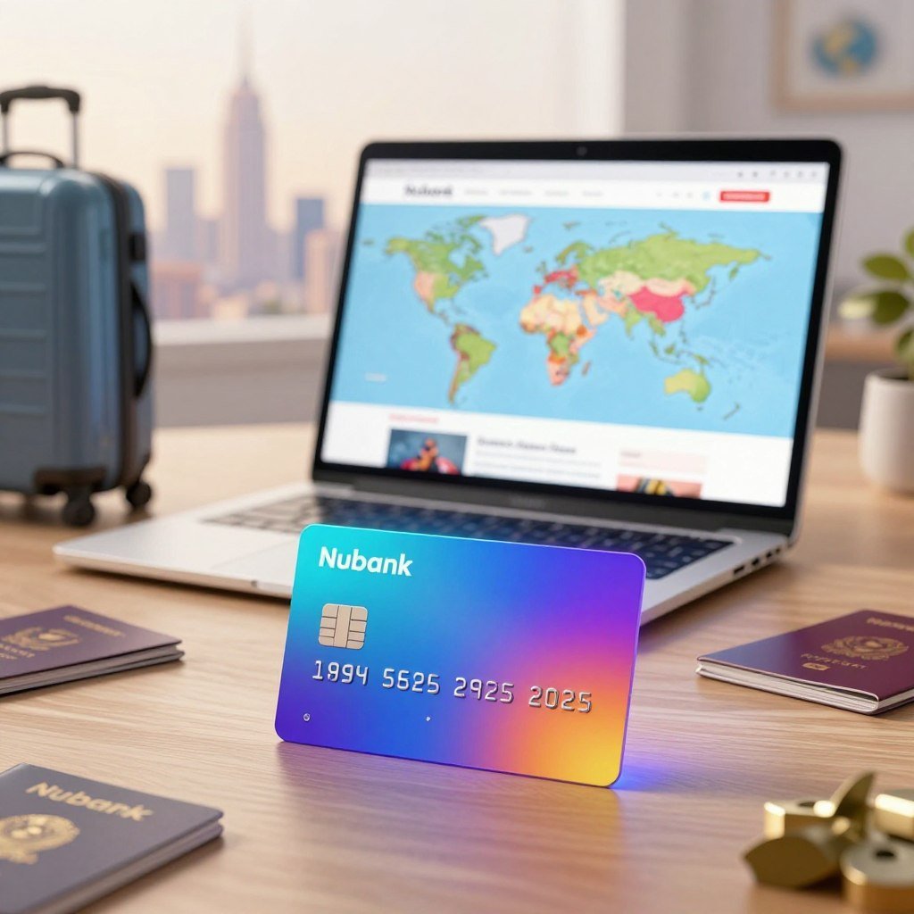 A modern digital scene showcasing the benefits of a virtual Nubank card for international travel and online shopping. In the foreground, a sleek, stylized representation of the Nubank virtual card glows softly, with vibrant colors reflecting a sense of innovation. The middle ground features a laptop displaying a world map and online shopping websites, symbolizing global access. Scattered around are travel essentials like a passport and a suitcase, emphasizing the travel aspect. In the background, a city skyline is faintly visible, hinting at a cosmopolitan atmosphere. Utilize soft, warm lighting to create an inviting mood, and employ a wide-angle lens effect for depth. The overall image should feel dynamic and empowering, inviting viewers to explore the financial freedom offered by Nubank. A modern digital scene showcasing the benefits of a virtual Nubank card for international travel and online shopping. In the foreground, a sleek, stylized representation of the Nubank virtual card glows softly, with vibrant colors reflecting a sense of innovation. The middle ground features a laptop displaying a world map and online shopping websites, symbolizing global access. Scattered around are travel essentials like a passport and a suitcase, emphasizing the travel aspect. In the background, a city skyline is faintly visible, hinting at a cosmopolitan atmosphere. Utilize soft, warm lighting to create an inviting mood, and employ a wide-angle lens effect for depth. The overall image should feel dynamic and empowering, inviting viewers to explore the financial freedom offered by Nubank.