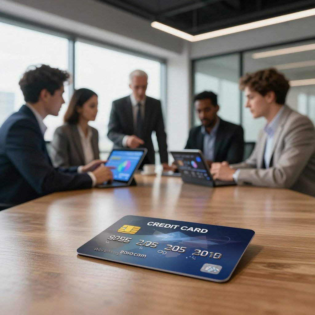 A modern office environment showcasing trends and innovations in business credit cards. In the foreground, a sleek, high-tech credit card lies on a polished wooden desk, reflecting ambient light. In the middle ground, a diverse group of professionals in business attire engages in a discussion, examining digital tablets displaying card features and analytics. The background features a contemporary office with large windows, allowing natural light to stream in, illuminating the space with a bright, innovative atmosphere. The overall mood is dynamic and forward-thinking, emphasizing collaboration and modern financial solutions, with sharp focus and a slightly blurred background to enhance the foreground elements.
