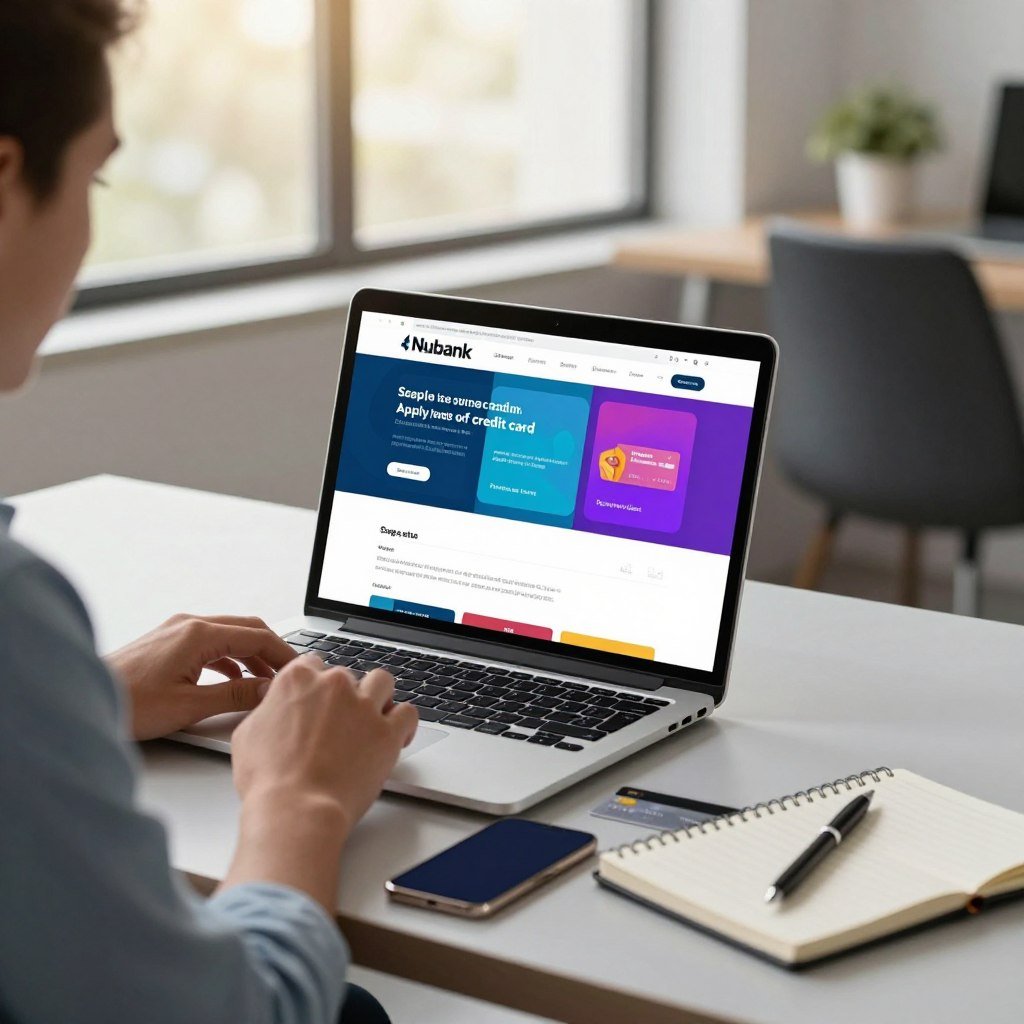 A modern office setting with a professional-looking person sitting at a sleek desk, focused on a laptop screen displaying the Nubank website. In the foreground, there is a neatly arranged smartphone, a credit card, and a notebook with a pen for taking notes. The middle layer highlights vibrant graphics from the website showcasing the steps to apply for a Nubank credit card, emphasizing a user-friendly interface. In the background, soft natural light filters through large windows, creating a warm and inviting atmosphere. The overall mood is one of productivity and security, perfect for illustrating the seamless application process. The person is dressed in smart casual attire, projecting professionalism and approachability.