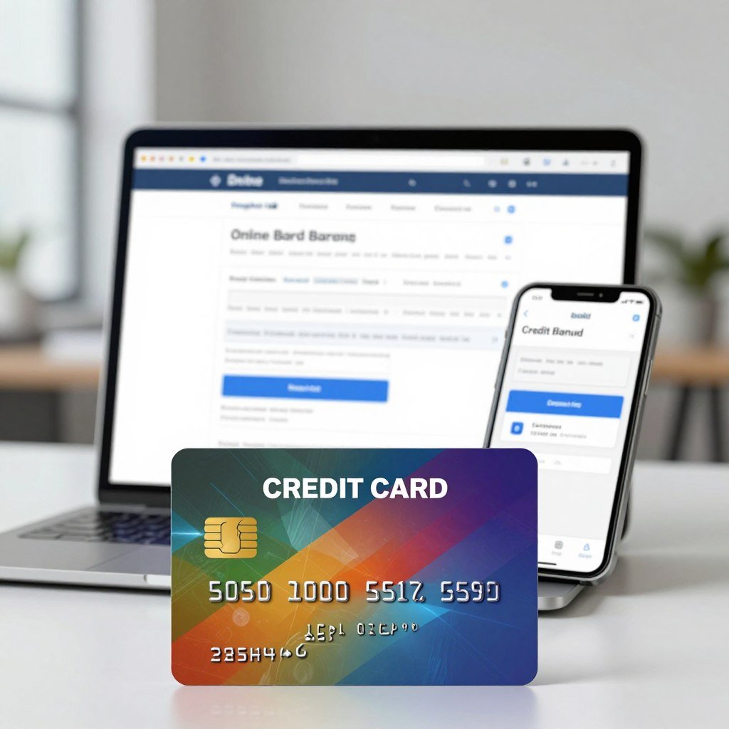 A modern online banking interface prominently displaying a credit card tailored for individuals with negative credit status. In the foreground, showcase the colorful credit card with bold, clear numbers and a sleek design that symbolizes security and accessibility. The middle layer features a laptop and smartphone, both showing the online banking platform’s user-friendly dashboard and application process, emphasizing speed and ease of use. In the background, a soothing, professional office setting with soft lighting reflects a sense of trust and reliability. The atmosphere conveys empowerment and optimism, illustrating the advantages of rapid and safe credit card approval for those previously declined by banks.