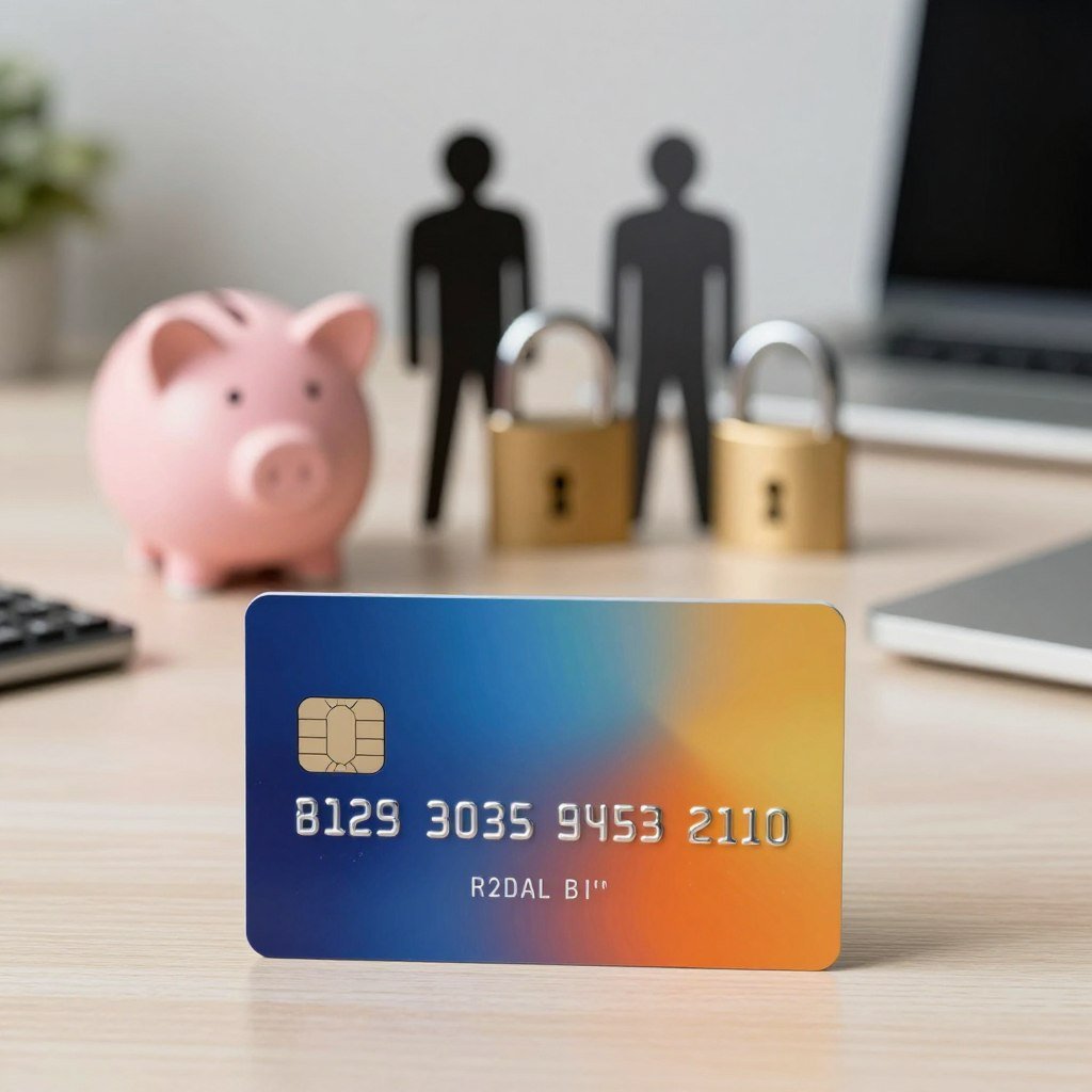 A modern prepaid card prominently displayed in the foreground, showcasing its sleek design and vibrant colors. The card should feature a visually appealing holographic element and a chip in the corner, symbolizing digital security. In the middle ground, a subtle arrangement of common pitfalls related to prepaid cards, such as a broken piggy bank, a padlock, and shadowy figures representing online threats. The background should depict a calming, professional setting with a blurred desk and soft-focus financial tools, enhancing the card's importance. Use soft, diffused lighting to create a serene atmosphere, focusing on the card as the centerpiece, captured from a slight upward angle to emphasize its significance and allure in financial management.