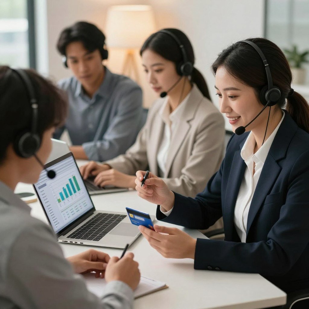 A modern, professional customer service scene featuring a diverse group of three individuals assisting a customer with a credit card query. In the foreground, a friendly customer service representative, dressed in business attire, is attentively listening to a customer using a smartphone, symbolizing 24-hour support. In the middle ground, an organized desk with a laptop open, displaying graphs and payment options, is available for reference. The background should feature a sleek office environment with soft, warm lighting to create an inviting atmosphere. The angle should be slightly elevated, capturing both the interaction and the supportive environment. The overall mood is calm and professional, emphasizing excellent customer service. A modern, professional customer service scene featuring a diverse group of three individuals assisting a customer with a credit card query. In the foreground, a friendly customer service representative, dressed in business attire, is attentively listening to a customer using a smartphone, symbolizing 24-hour support. In the middle ground, an organized desk with a laptop open, displaying graphs and payment options, is available for reference. The background should feature a sleek office environment with soft, warm lighting to create an inviting atmosphere. The angle should be slightly elevated, capturing both the interaction and the supportive environment. The overall mood is calm and professional, emphasizing excellent customer service.