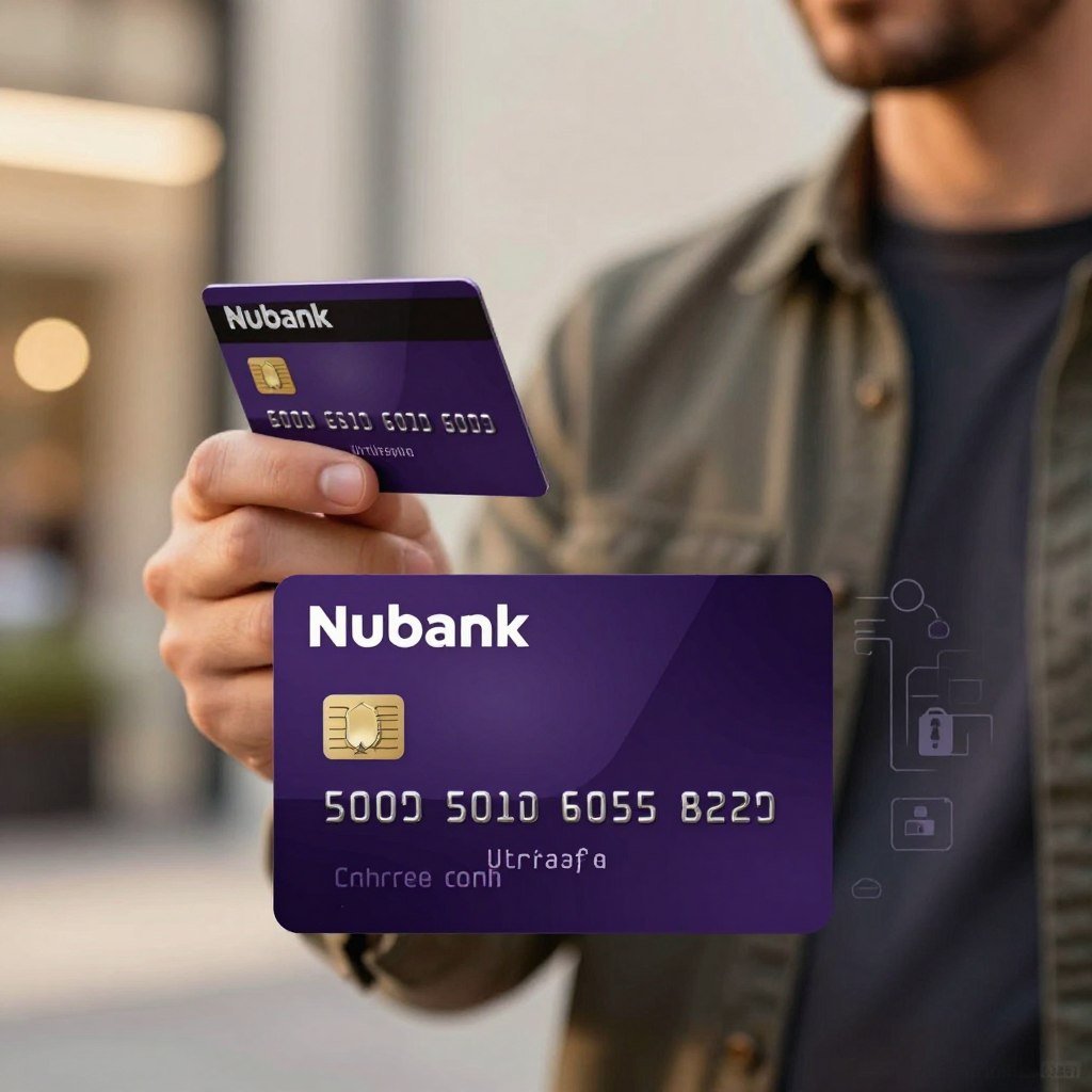 A modern, sleek Nubank Ultravioleta credit card prominently displayed in the foreground, showcasing its unique dark purple color and minimalist design. The card's glossy surface reflects ambient light, emphasizing its premium quality. In the middle ground, focus on a user holding the card in a secure manner, wearing smart casual clothing, highlighting both confidence and technology. The background features soft bokeh of a well-lit urban environment, suggesting innovation and digital integration. Warm, ambient lighting adds a welcoming mood, while subtle hints of biometric technology visuals (like digital locks or secure networks) blend into the background, reinforcing themes of security and advanced technology in financial transactions.