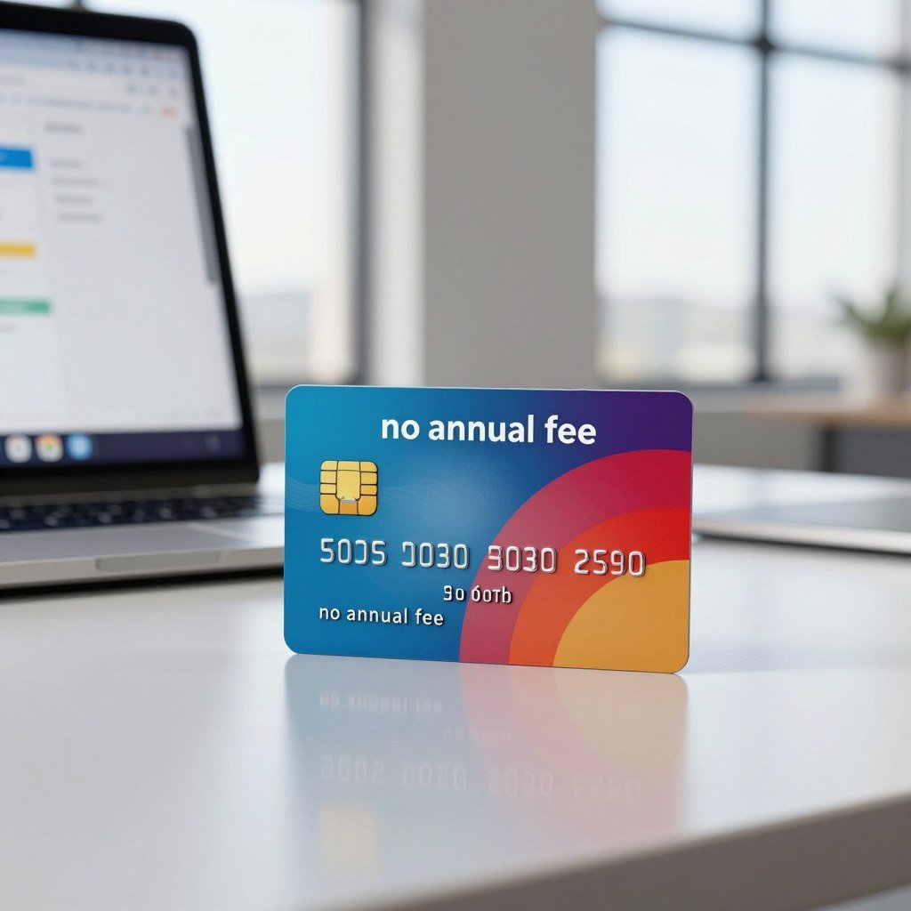 A modern, sleek credit card prominently displayed on a minimalist desk. The card, labeled as "no annual fee," showcases vibrant colors and an elegant design with an emphasis on its user-friendly features. In the foreground, there are subtle reflections on the desk surface, enhancing the visual appeal. In the middle ground, include an open laptop with a financial application visible, emphasizing digital banking. The background features soft, diffused lighting through a large window, casting gentle shadows and creating a professional atmosphere. The overall mood is optimistic and inviting, highlighting the convenience and advantages of cost-free banking options.