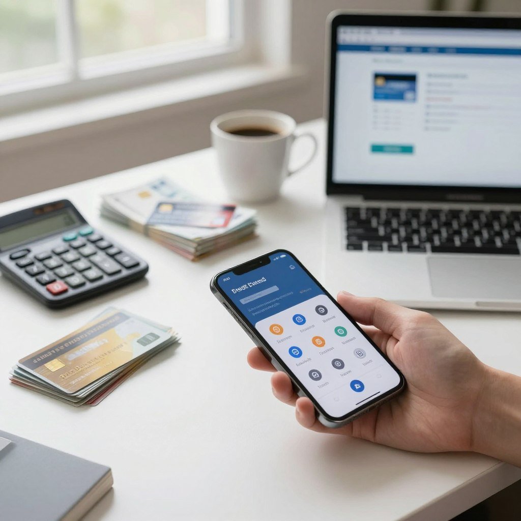 A modern, well-organized workspace featuring a desk with a laptop displaying a digital credit card payment interface. In the foreground, a hand holding a smartphone is making a payment, with visible icons representing various payment options like installments and minimum payments. In the middle, a neatly arranged stack of credit card bills and a calculator sit alongside a cup of coffee, symbolizing careful budgeting. The background shows a window with soft natural light filtering through, illuminating the scene and creating a calm atmosphere. Use a slight depth of field to keep the focus on the payment methods. The overall mood is one of clarity and professionalism, emphasizing simplicity in managing credit card payments. A modern, well-organized workspace featuring a desk with a laptop displaying a digital credit card payment interface. In the foreground, a hand holding a smartphone is making a payment, with visible icons representing various payment options like installments and minimum payments. In the middle, a neatly arranged stack of credit card bills and a calculator sit alongside a cup of coffee, symbolizing careful budgeting. The background shows a window with soft natural light filtering through, illuminating the scene and creating a calm atmosphere. Use a slight depth of field to keep the focus on the payment methods. The overall mood is one of clarity and professionalism, emphasizing simplicity in managing credit card payments.