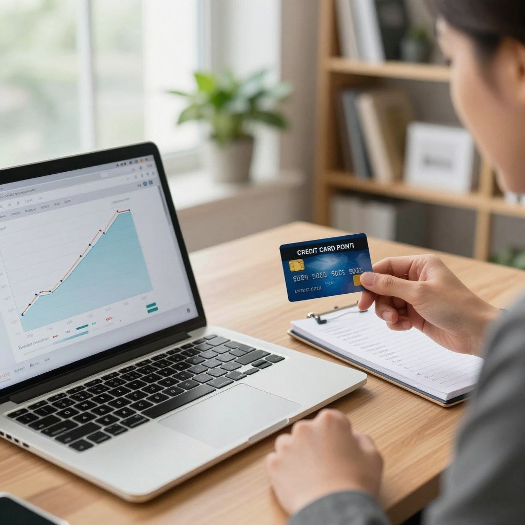 A modern workspace featuring a professional individual in business attire, focused on accumulating credit card points. In the foreground, a sleek laptop displays a digital chart of credit card points accumulation strategies. In the middle ground, a stylish credit card is placed beside a notepad filled with notes about points and rewards. The background features soft office décor, with plants and bookshelves that evoke a sense of organization and financial control. Bright, natural light filters in from a window, creating an inviting atmosphere. The scene conveys a mood of productivity and savvy financial management, highlighting the importance of safety and control in credit card use.
