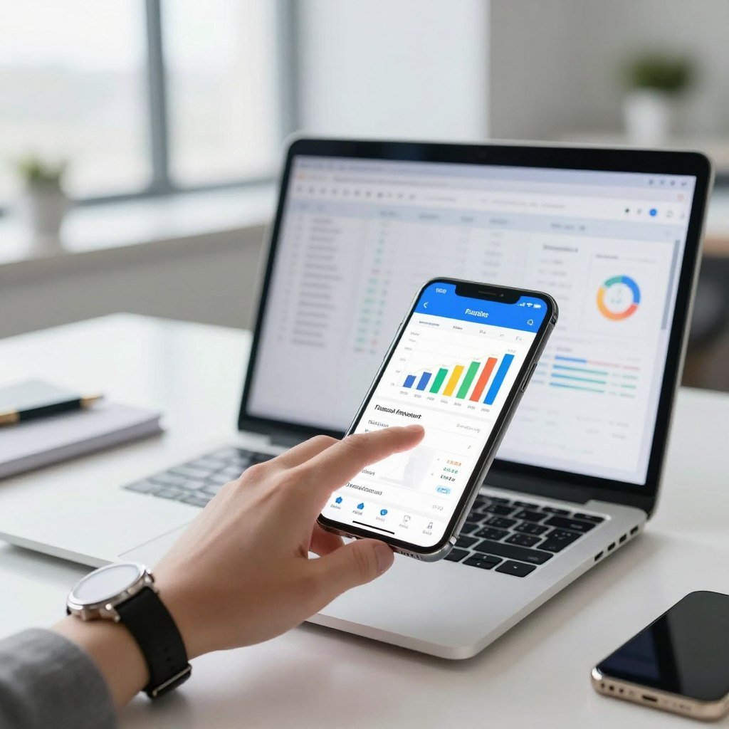 A modern workspace showing a close-up view of a smartphone displaying a financial management app, with colorful charts and graphs visible on the screen. In the foreground, a hand reaches out to interact with the app, showcasing a polished wristwatch, symbolizing professionalism. In the middle ground, a laptop is open, displaying spreadsheets and analytical data, creating a sense of financial organization. The background features a bright office environment with soft, natural lighting streaming through large windows, reflecting a clean and motivating atmosphere. The overall mood is focused and productive, emphasizing the theme of financial control through technology and modern banking applications.