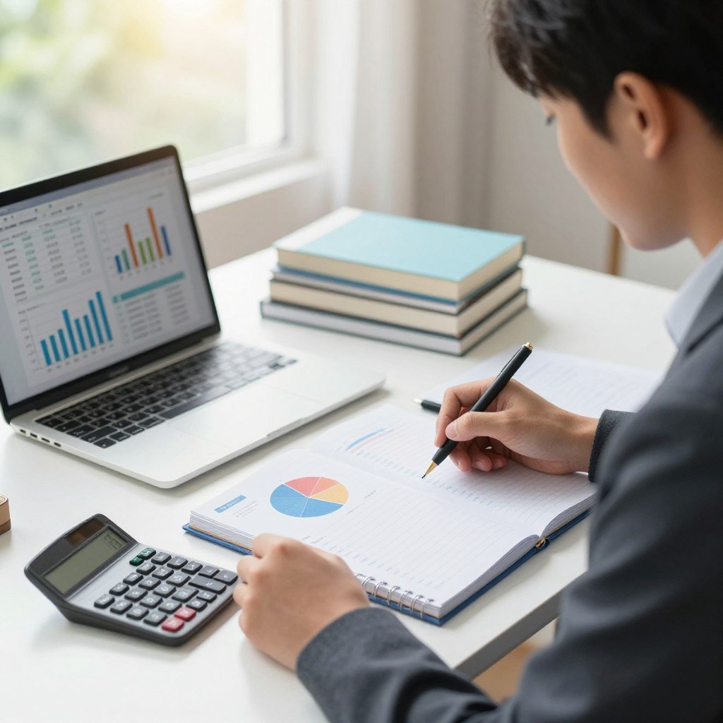 A person sitting at a neatly organized desk, surrounded by financial tools like a calculator, budgeting planner, and a laptop displaying positive graphs and budget sheets. In the foreground, the individual, a young adult in professional business attire, is focused on analyzing their finances with a look of determination and empowerment. In the middle, a colorful pie chart and a stack of financial books symbolize education in finance. The background shows a bright, airy room with natural light streaming through a window, creating an optimistic atmosphere. The overall mood conveys growth and success, representing the transformative impact of financial education on personal life. Capture this scene with a soft focus and warm lighting, emphasizing clarity and professionalism.