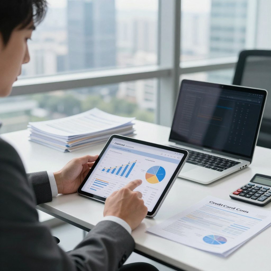 A professional and informative scene depicting a financial analysis of credit card costs. In the foreground, a businessperson in a tailored suit, focused on reviewing a digital tablet displaying graphs and charts related to credit card annual fees and maintenance costs. In the middle, a sleek modern office desk with a laptop, stacks of financial documents, and a calculator, creating a sense of analytical activity. The background features a large window with cityscape views, suggesting an urban financial district. The lighting is bright and professional, with soft natural light filtering through the window. The overall atmosphere is serious and focused, conveying the importance of understanding credit card costs.