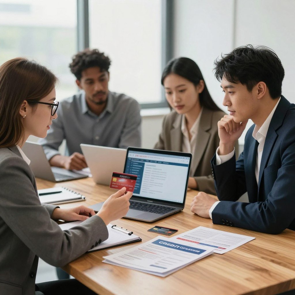 A professional and inviting scene depicting a diverse group of four individuals engaged in discussing credit card options at a modern office setting. In the foreground, a Caucasian woman with glasses and a smart blazer holds a credit card, while an Asian man in a suit examines a laptop screen showing credit card features. The middle ground features a sleek wooden table with various credit card brochures and a notepad. In the background, large windows let in soft, natural light, creating a warm atmosphere. The overall mood is collaborative and informative, emphasizing choice and personalization in financial decisions. The image should showcase clarity, with a focus on expressions of interest and engagement among the individuals.