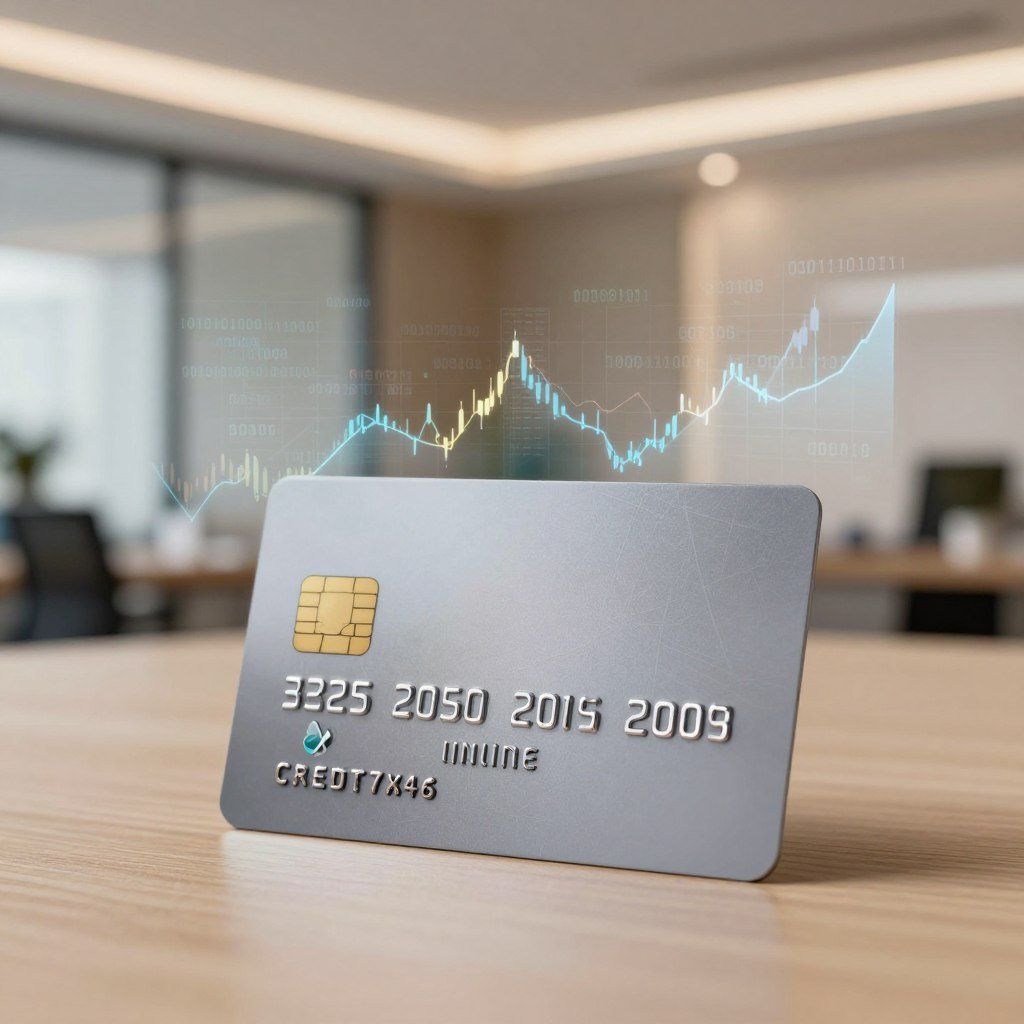 A professional and sleek credit card, representing an online credit card concept, lies in the foreground, showcasing its high-limit features. The card has an elegant design with a subtle shine, reflecting a sense of luxury and reliability. In the middle ground, an abstract digital landscape symbolizes online financial transactions, with soft binary codes and financial graphs subtly blending into the background. The backdrop features a modern office environment with soft, diffused lighting that creates a warm and inviting atmosphere, emphasizing professionalism. The scene is shot from a slightly elevated angle, highlighting the card’s detail while providing a clear view of the digital environment. The overall mood conveys trust, sophistication, and the benefits of using online credit services for building a strong financial history.