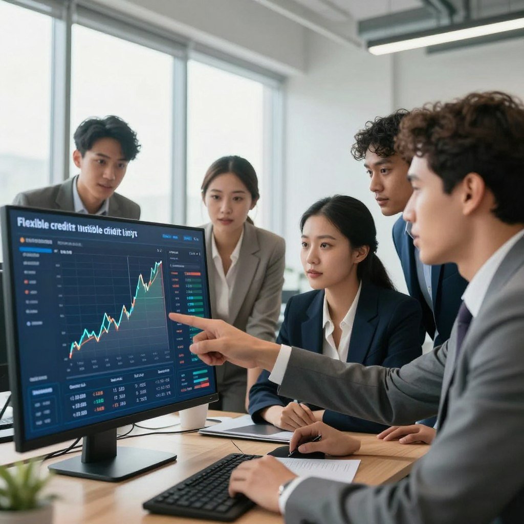 A professional business setting, featuring a diverse group of individuals examining a digital financial dashboard, illustrating the concept of flexible credit limits influenced by financial history. In the foreground, a clear display shows graphs and data points, with one person pointing at a rising trend. The middle section includes focused faces of the young professionals, dressed in business attire, deep in discussion. The background showcases a modern office space with large windows, bright natural light pouring in, creating an optimistic and dynamic atmosphere. Use a wide-angle lens to capture the collaborative environment, highlighting teamwork and innovation. The overall mood should convey professionalism, optimism, and a focus on financial growth.