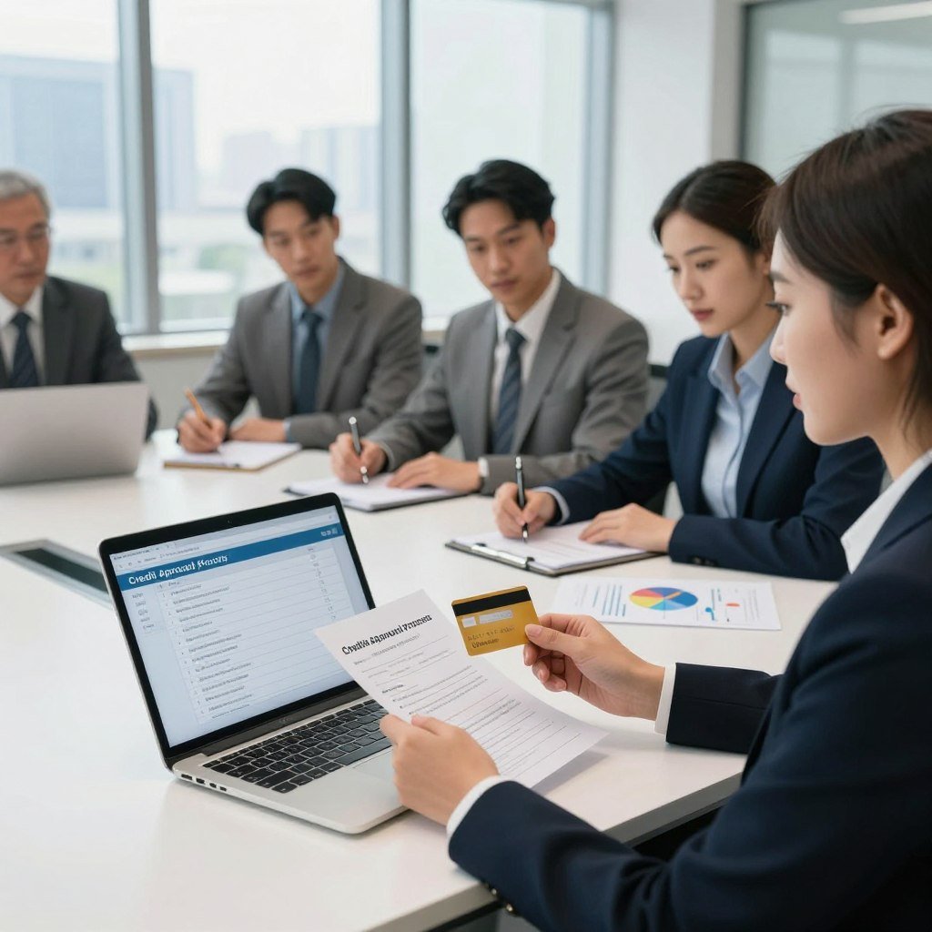 A professional business setting featuring a diverse group of individuals seated around a modern conference table, actively engaging in discussion about credit card approval processes. In the foreground, focus on a well-dressed woman holding a credit card application and a laptop, displaying a checklist of tips to improve chances of receiving pre-approved credit offers. The middle ground showcases men and women taking notes, with charts and graphs on the table illustrating credit scores and financial health. The background features large windows letting in natural light, with a city skyline visible, creating an optimistic and dynamic atmosphere. Use soft lighting to enhance the professional tone, capturing a sense of collaboration and motivation.