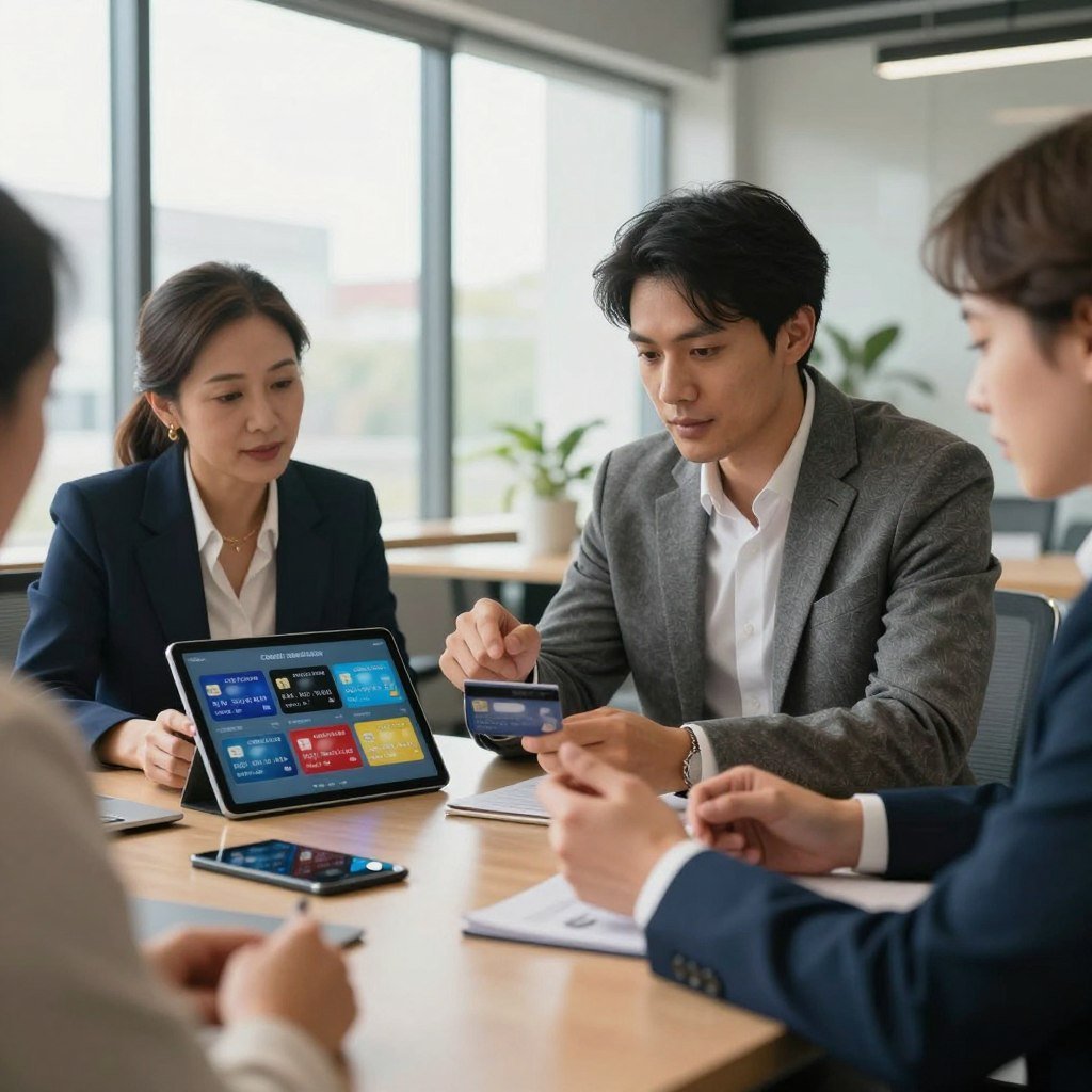 A professional business setting showcases a diverse group of individuals discussing credit card options. In the foreground, a middle-aged woman dressed in a smart navy suit sits at a sleek conference table, holding a credit card, while examining it closely. Next to her, a young man in a grey blazer enthusiastically points to an informative digital tablet displaying various credit card options. In the background, large windows with natural light pour in, illuminating the modern office decor. The atmosphere is collaborative and focused, with subtle warm tones enhancing the professional ambiance. The scene emphasizes careful consideration and informed decision-making, highlighting the importance of choosing the right credit cards without restrictions.