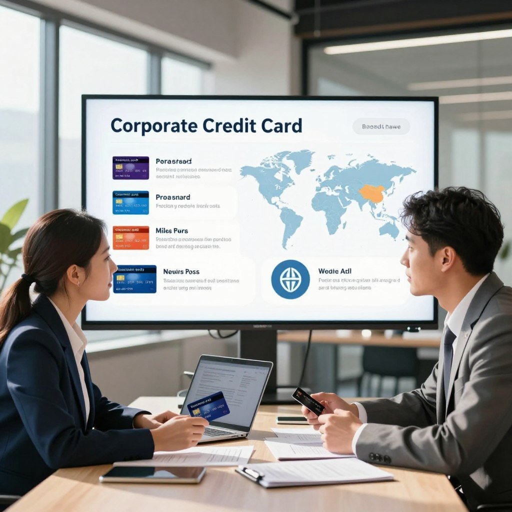 A professional business setting showcasing the benefits of a corporate credit card, with a foreground featuring a well-dressed businesswoman and businessman engaging in discussion over a table filled with documents and a laptop. The middle ground displays a large, visual infographic highlighting points and miles programs associated with credit cards, with graphics illustrating various travel destinations and rewards. In the background, a modern office with large windows allowing natural light to flood the space, casting soft shadows. The atmosphere is productive yet relaxed, embodying the idea of growth and opportunity in corporate financial management. The scene should evoke professionalism and optimism, reflecting the advantages of credit card loyalty programs for businesses.